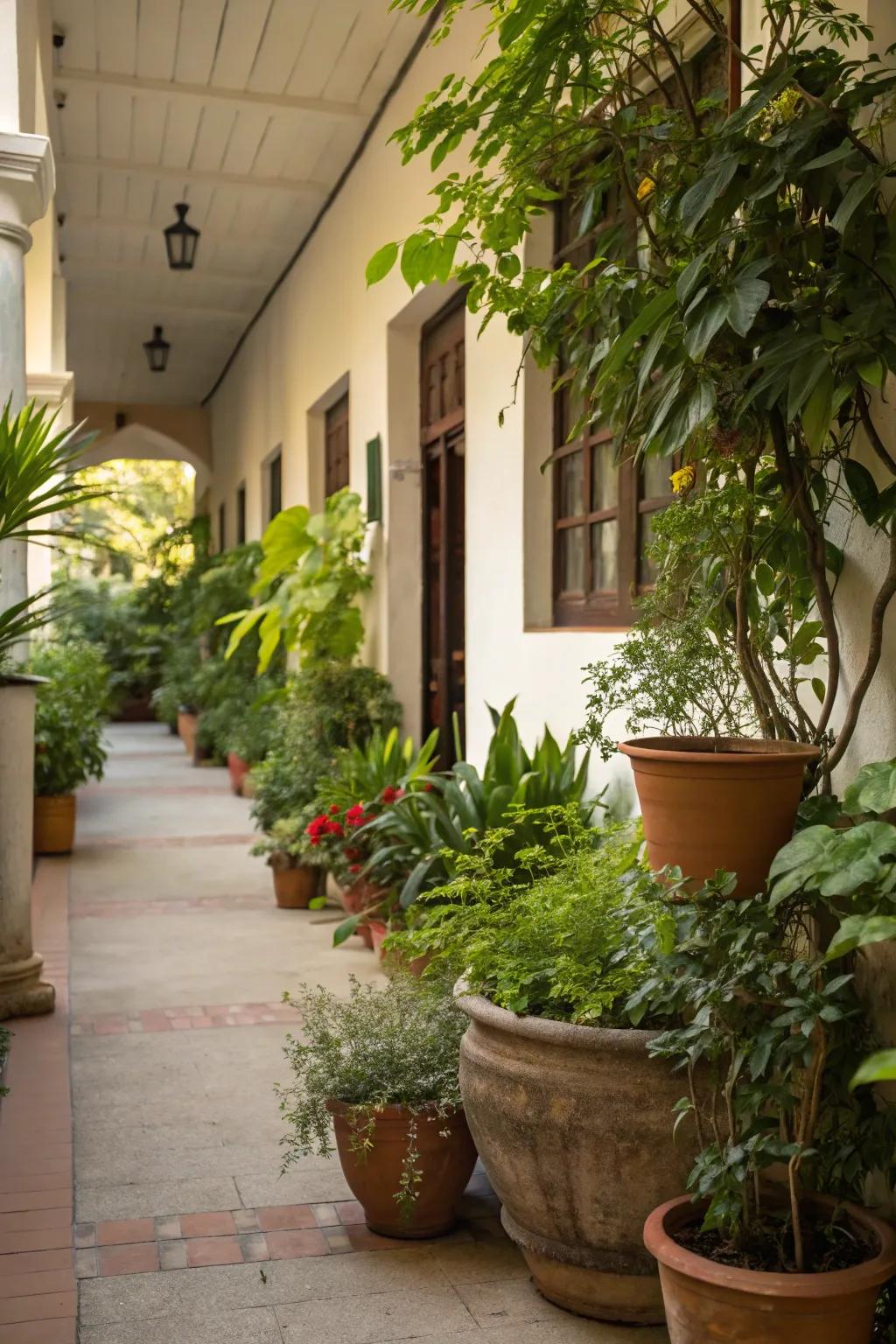 An array of boxed plants bringing a hint of nature to the breezeway.