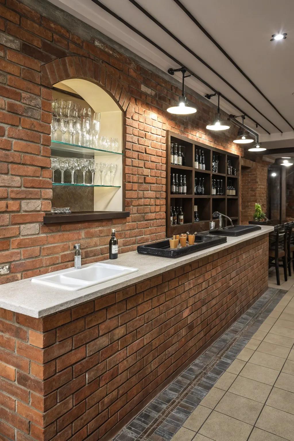 A small sink provides practicality to a brick wall bar.