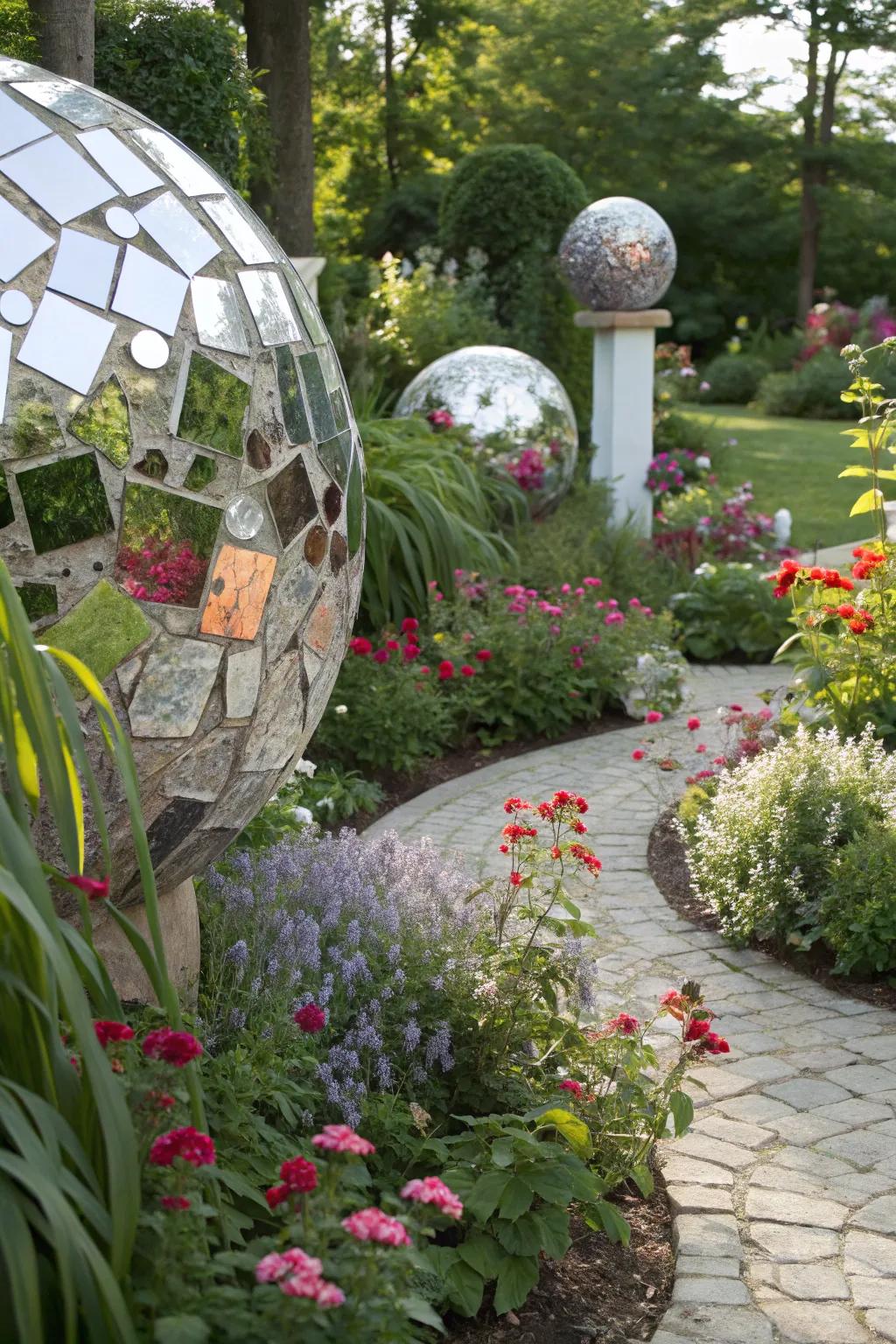 Mirror garden decoration delivers reflective charm outdoors.