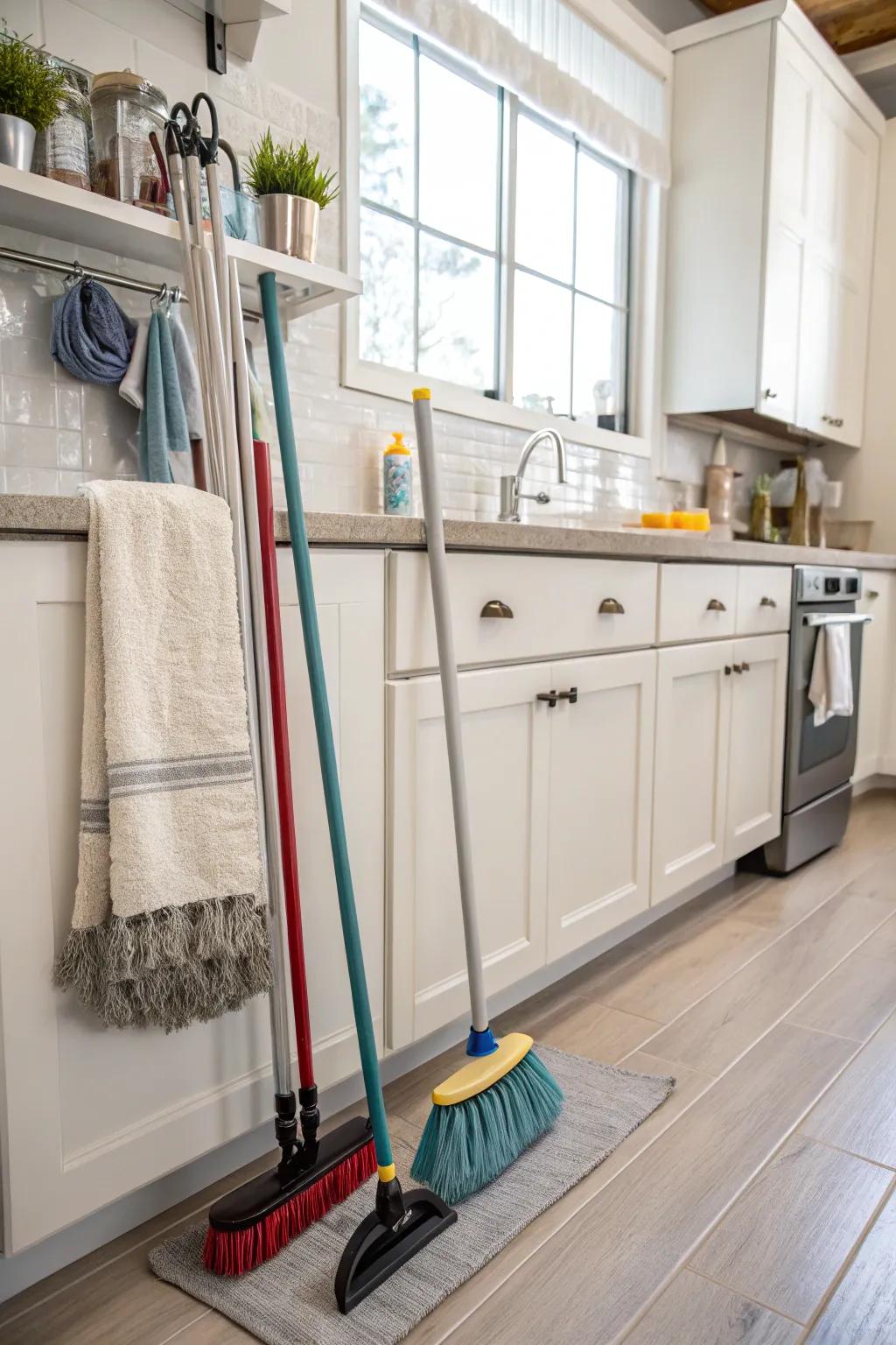 A towel bar performs a dual function as a handy broom hanger.