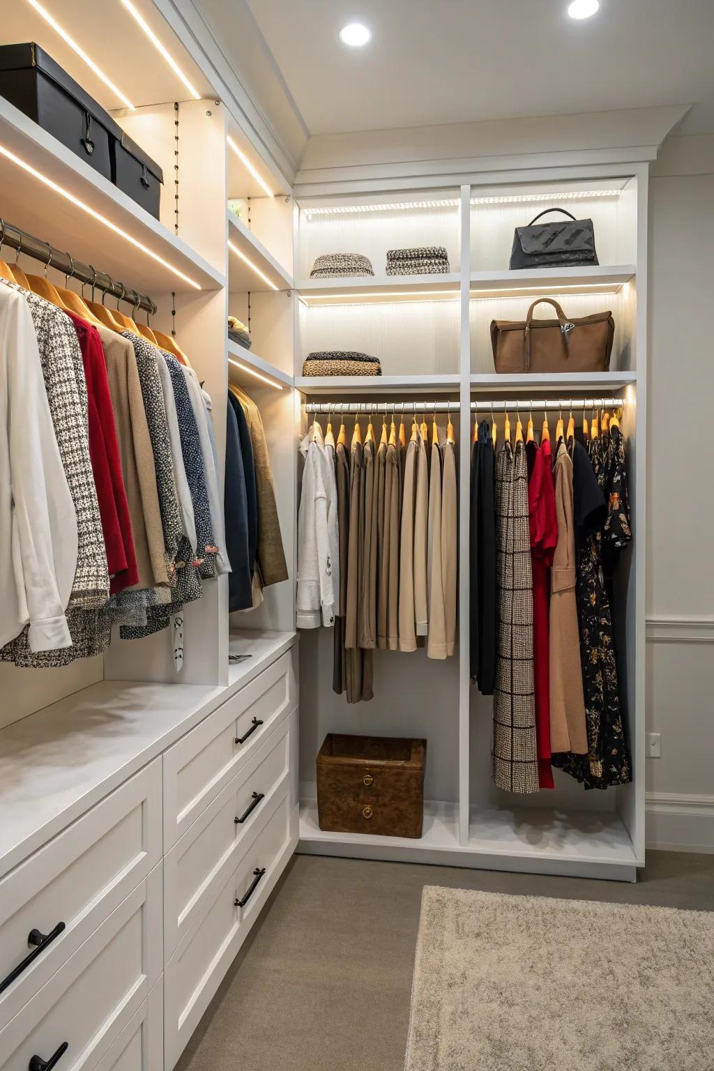Adaptable rods facilitate versatile garment organization.