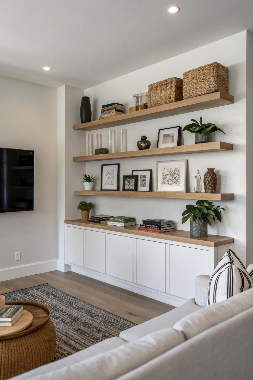 Undermounted shelves deliver a streamlined and modern impression.