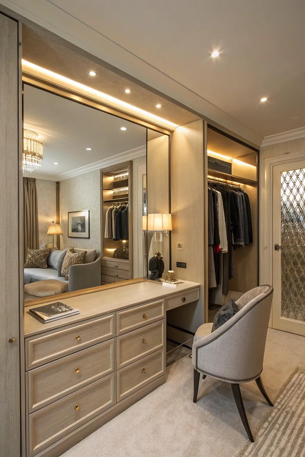 A mirrored dressing nook adds luxury to your closet setup.