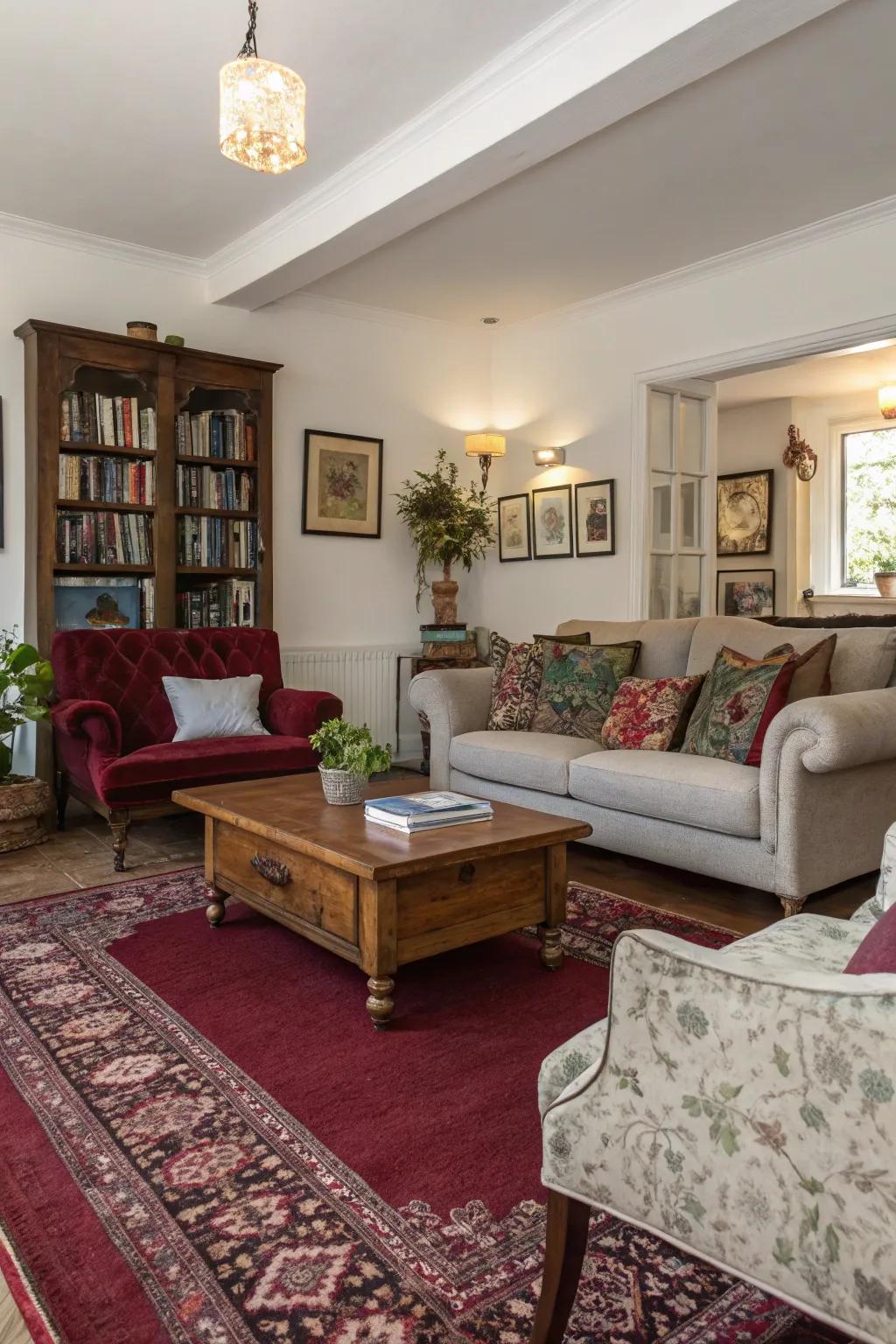 An eclectic assortment of decor styles accentuates the individuality of a scarlet floor covering.