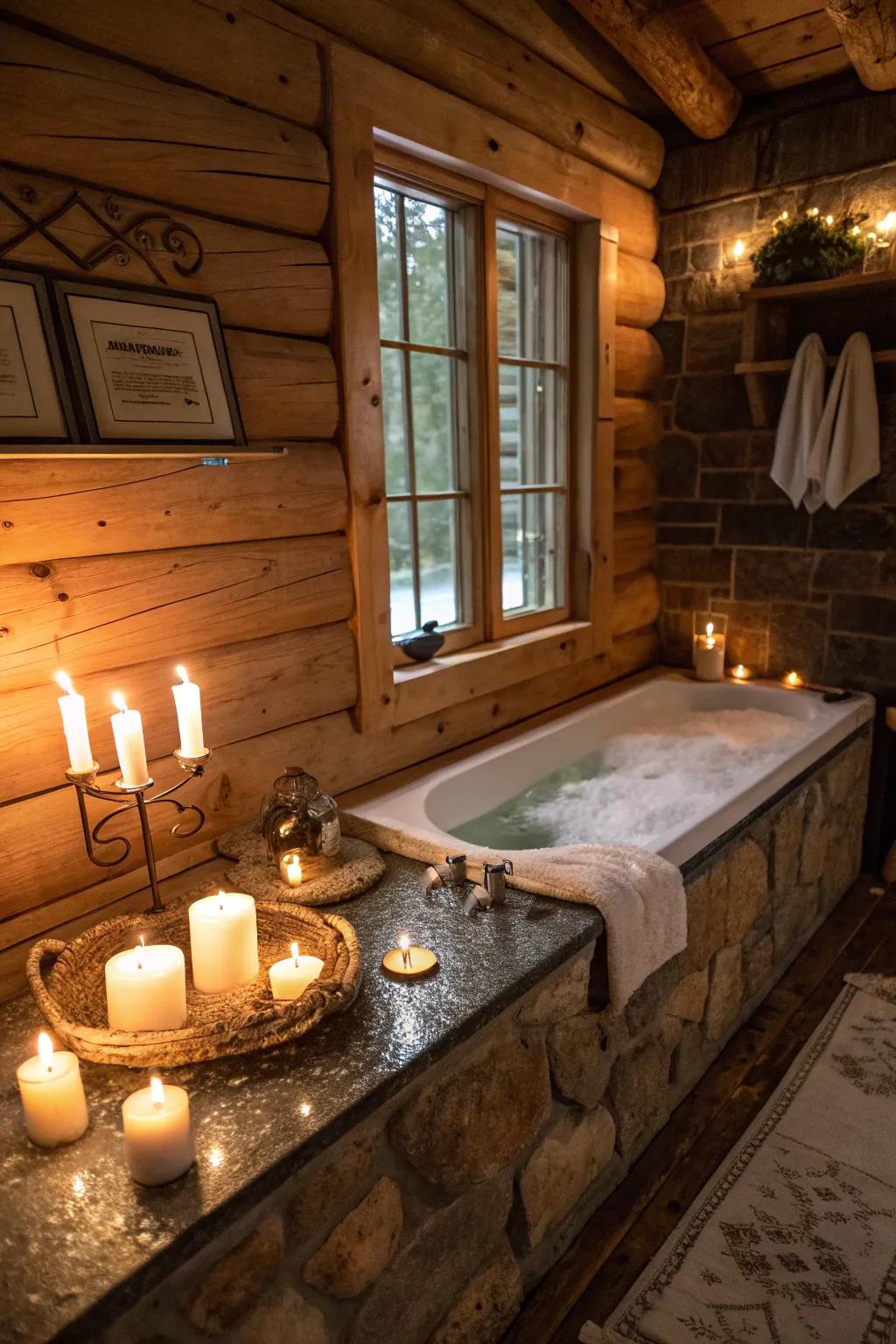 A log cabin washroom with wax lights to get a relaxing, spa-like ambiance.