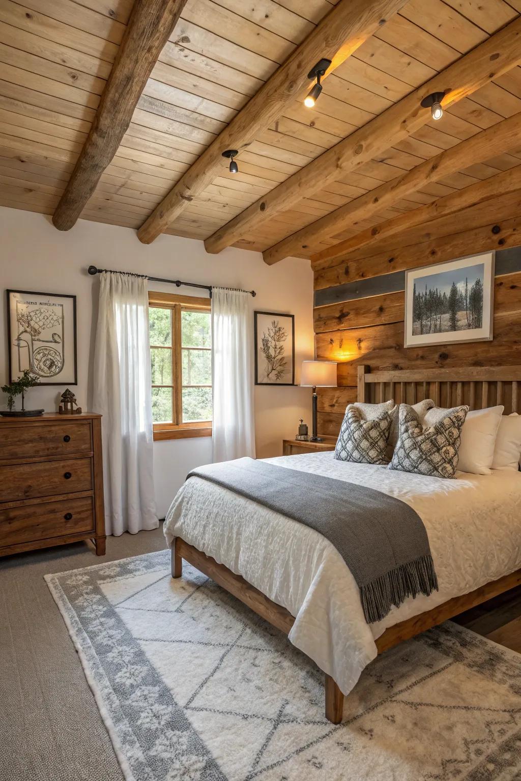 A cabin bedroom blending contemporary and countryside aspects.