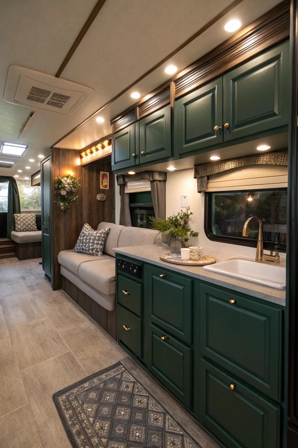 Dark green cabinets provide a lush, sophisticated feel.