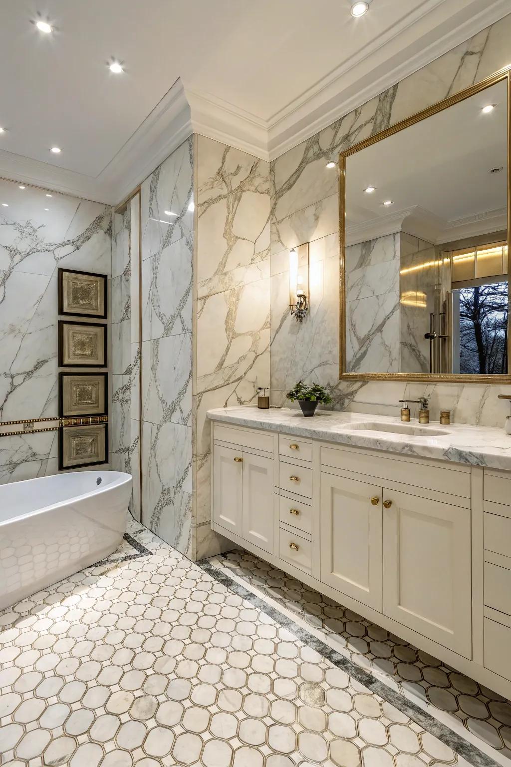 A bathroom showcasing the textural depth of Luminous Argento marble tiles.