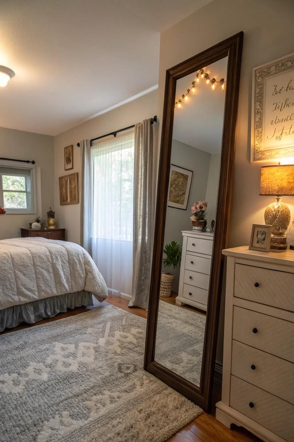 This bedroom features a large, full-length mirror that reflects natural light.