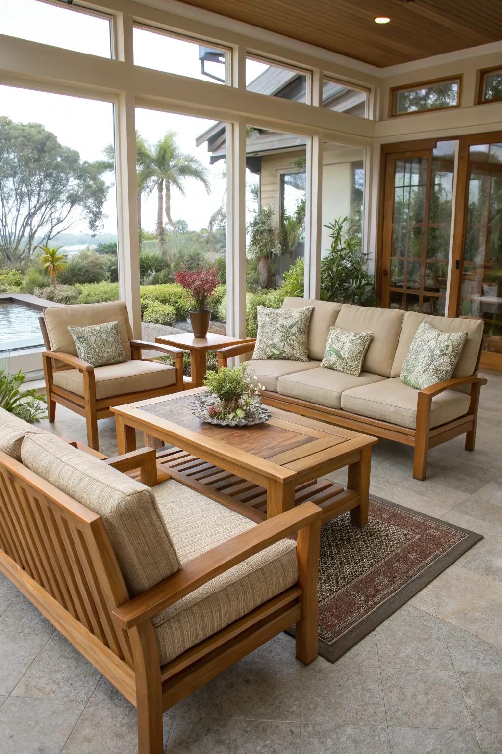 Weather-safe wood furnishings in a California room.