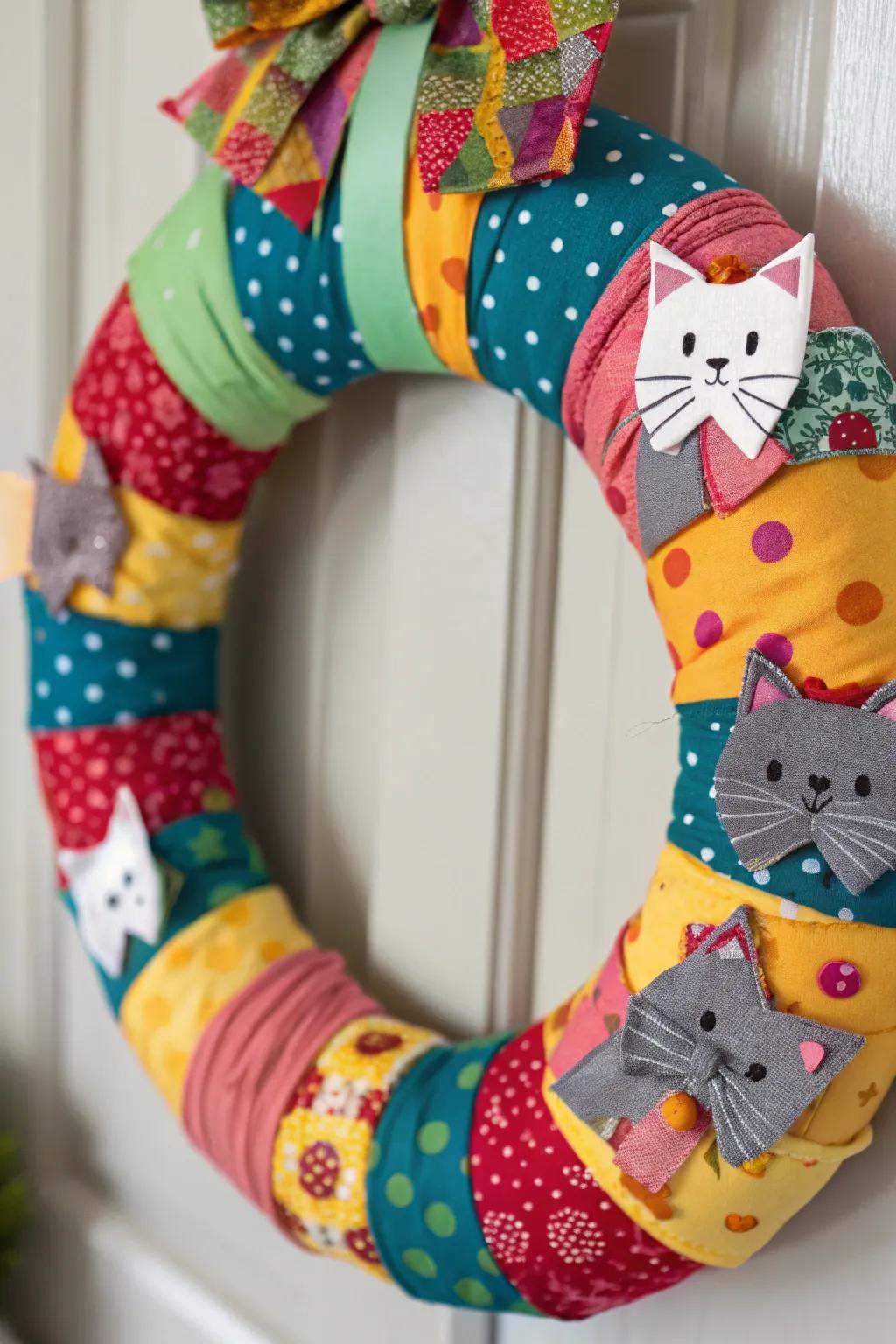 A diverse cloth feline wreath for a distinctive inflection.