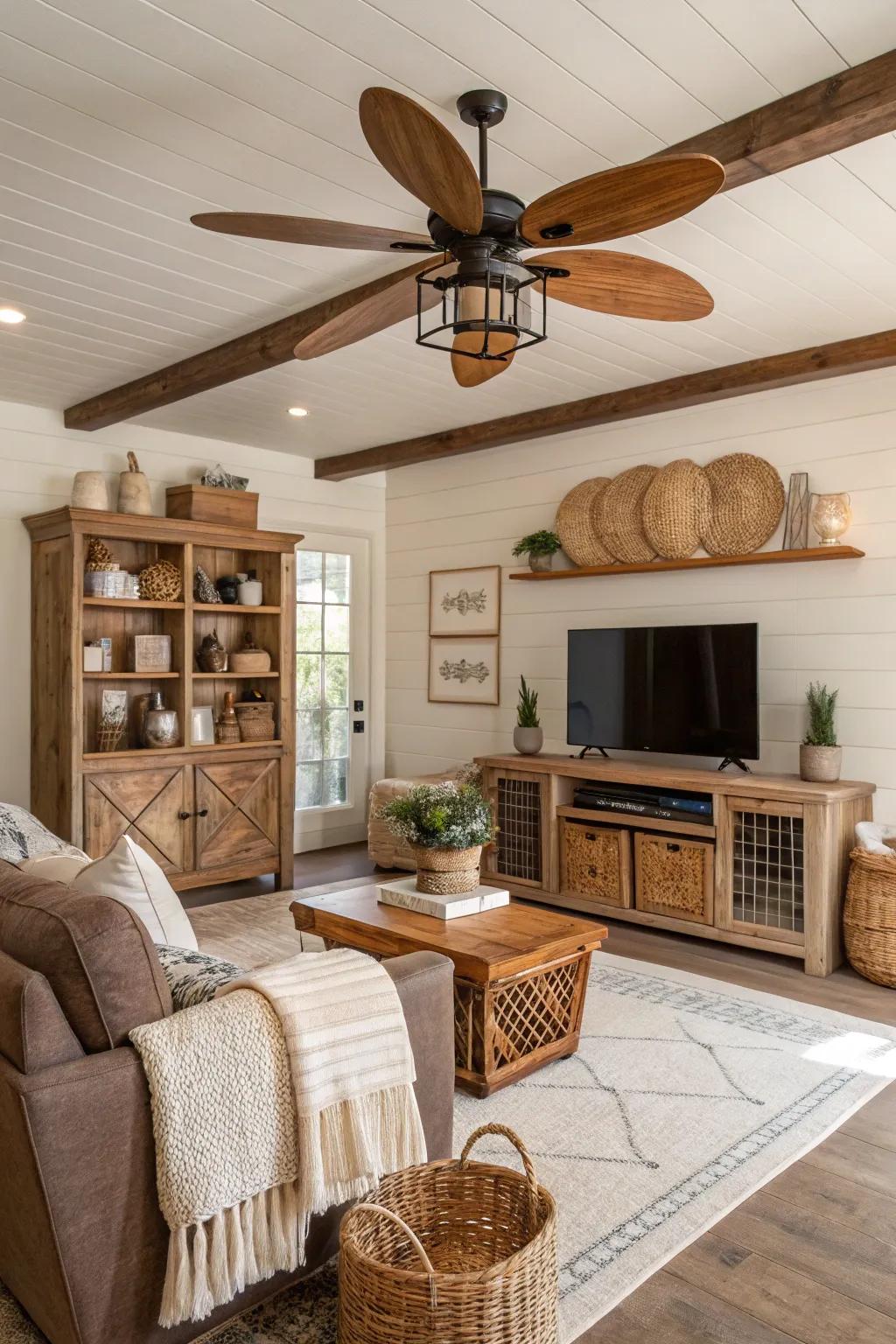 Incorporate the farmhouse feeling indoors via a wood-wing air mover.