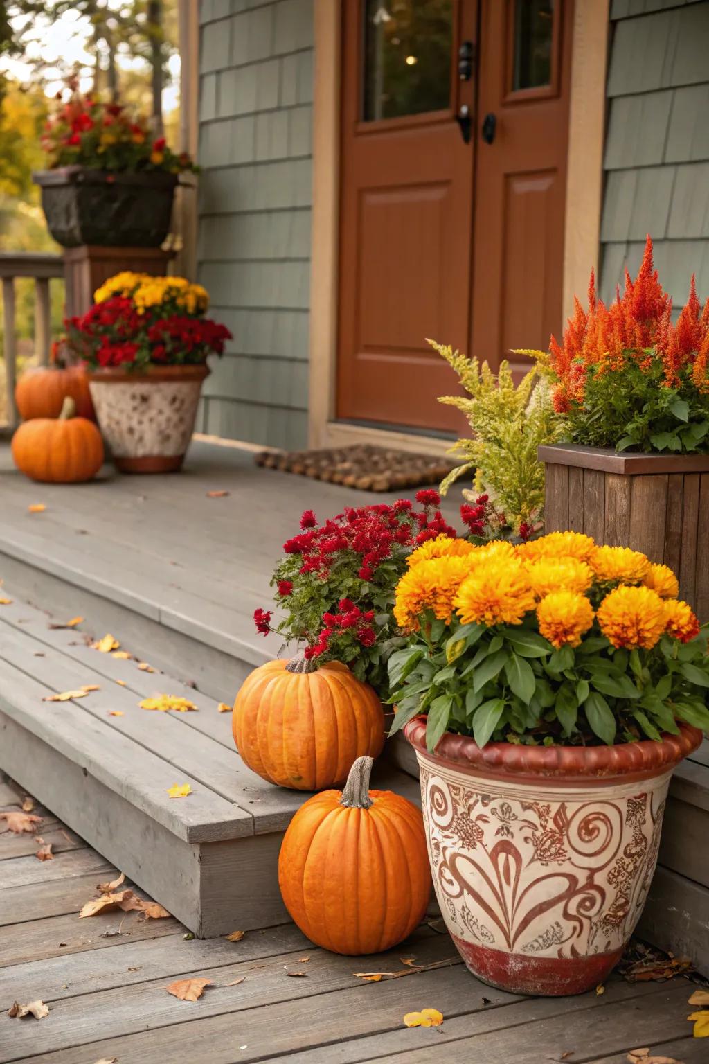 A fall-themed porch gains vibrant color from cock's comb.