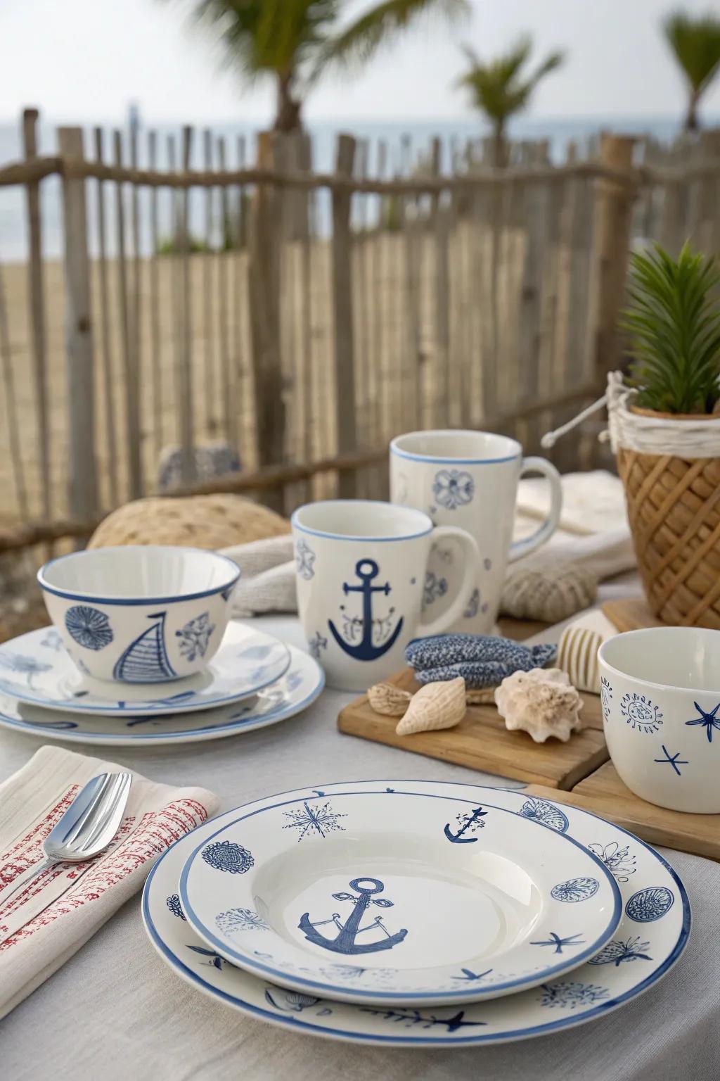 Coastal charm at your table with nautical ceramics.