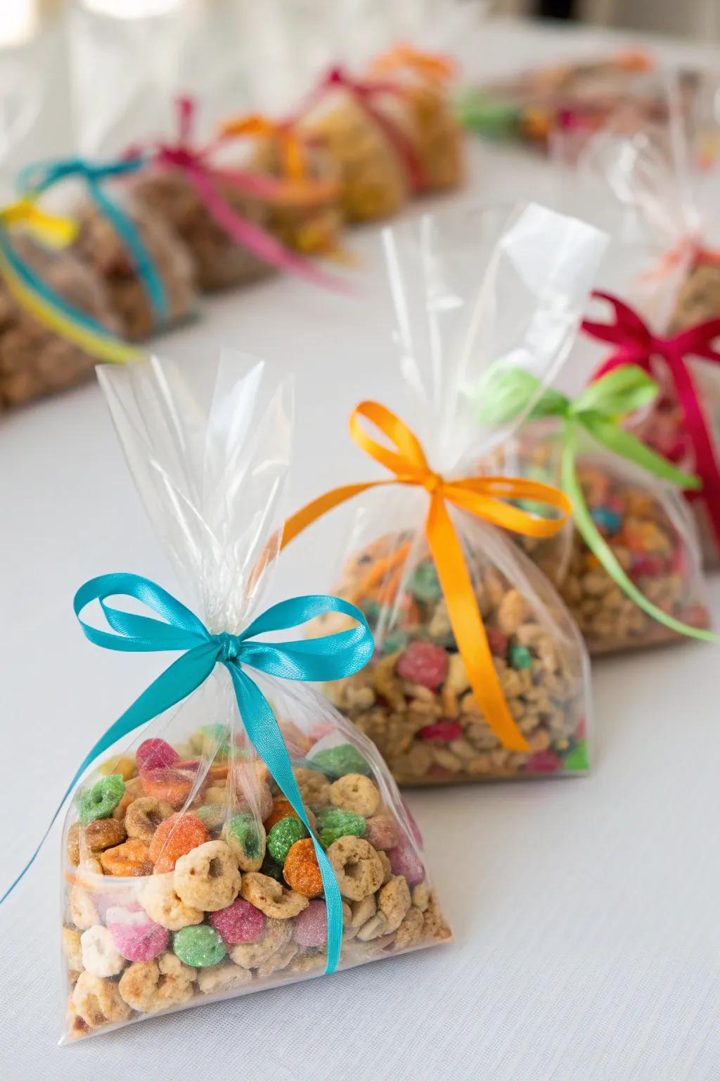 Small pouches of mixed grains tied with vibrant ribbons as party favors.