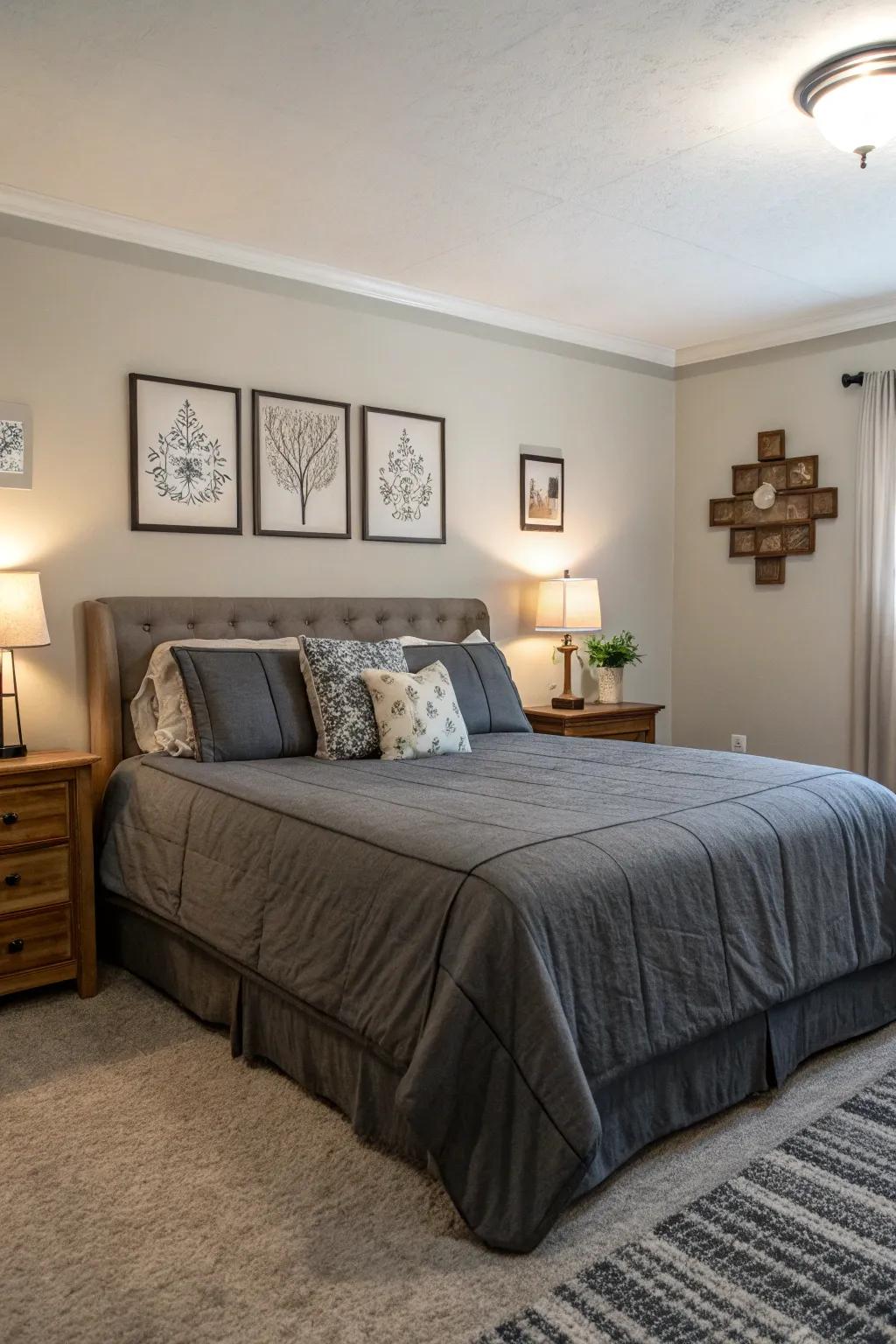 Deep slate bedding provides a subtle yet fashionable twist.