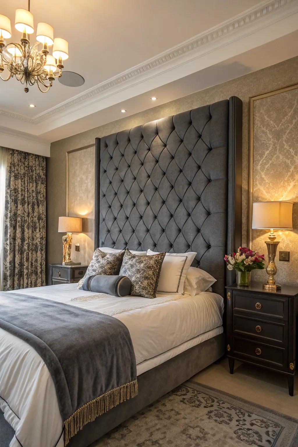 A floor-to-ceiling bedrest appends theatrics and sophistication to the bedroom.