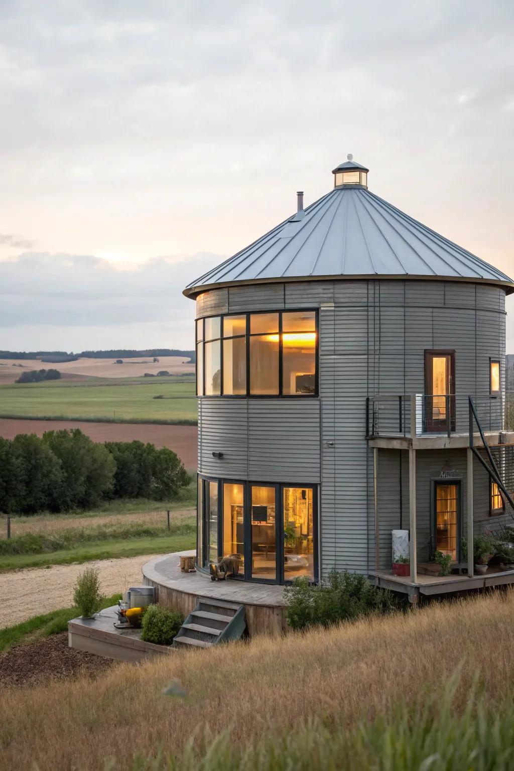 Inventive grain storage home with a mix of industrial design and modern comfort.