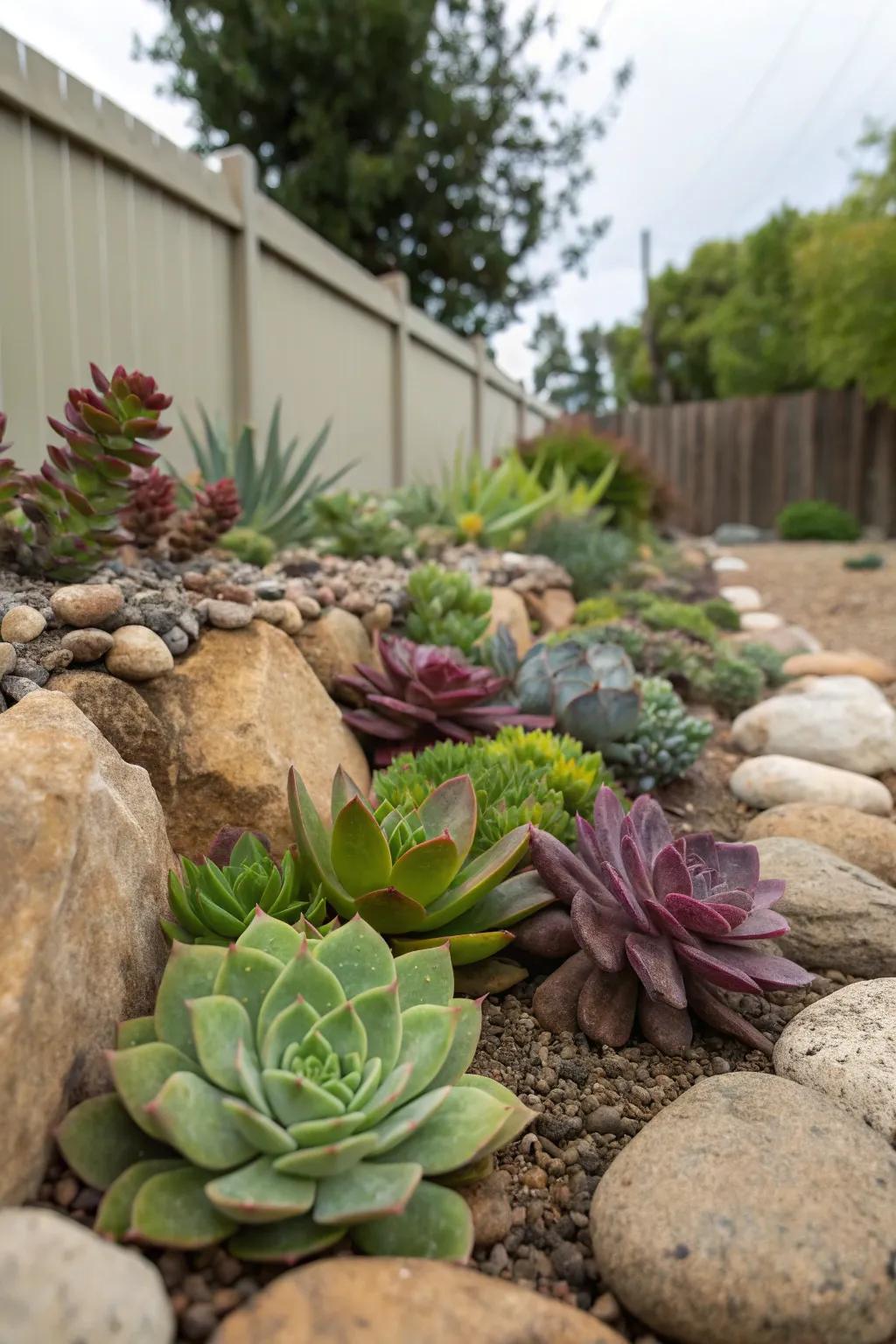 Succulents and rocks provide a minimal-upkeep, artistic landscape solution.