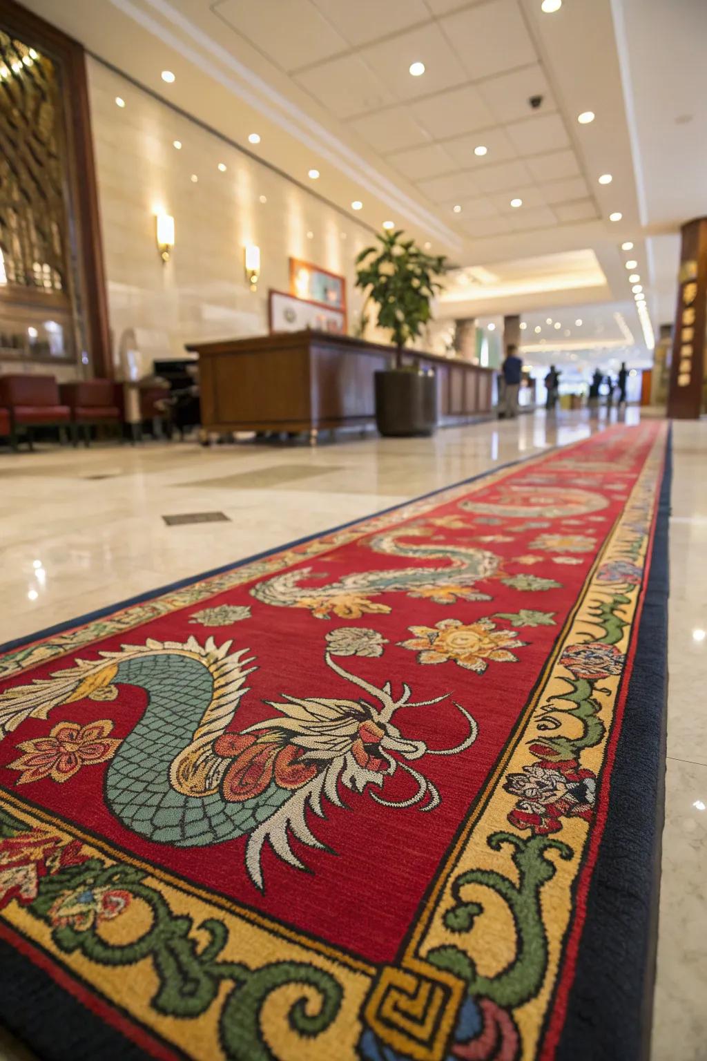 A vibrant rug adding color and pattern to the entrance hall floor.