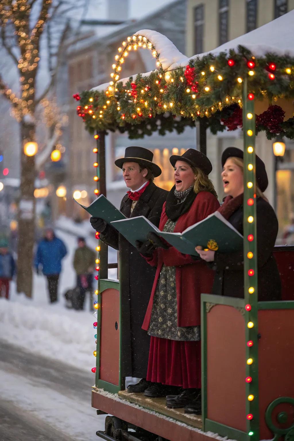 A heartwarming Yuletide Troubadours parade entry disseminating festive cheer.