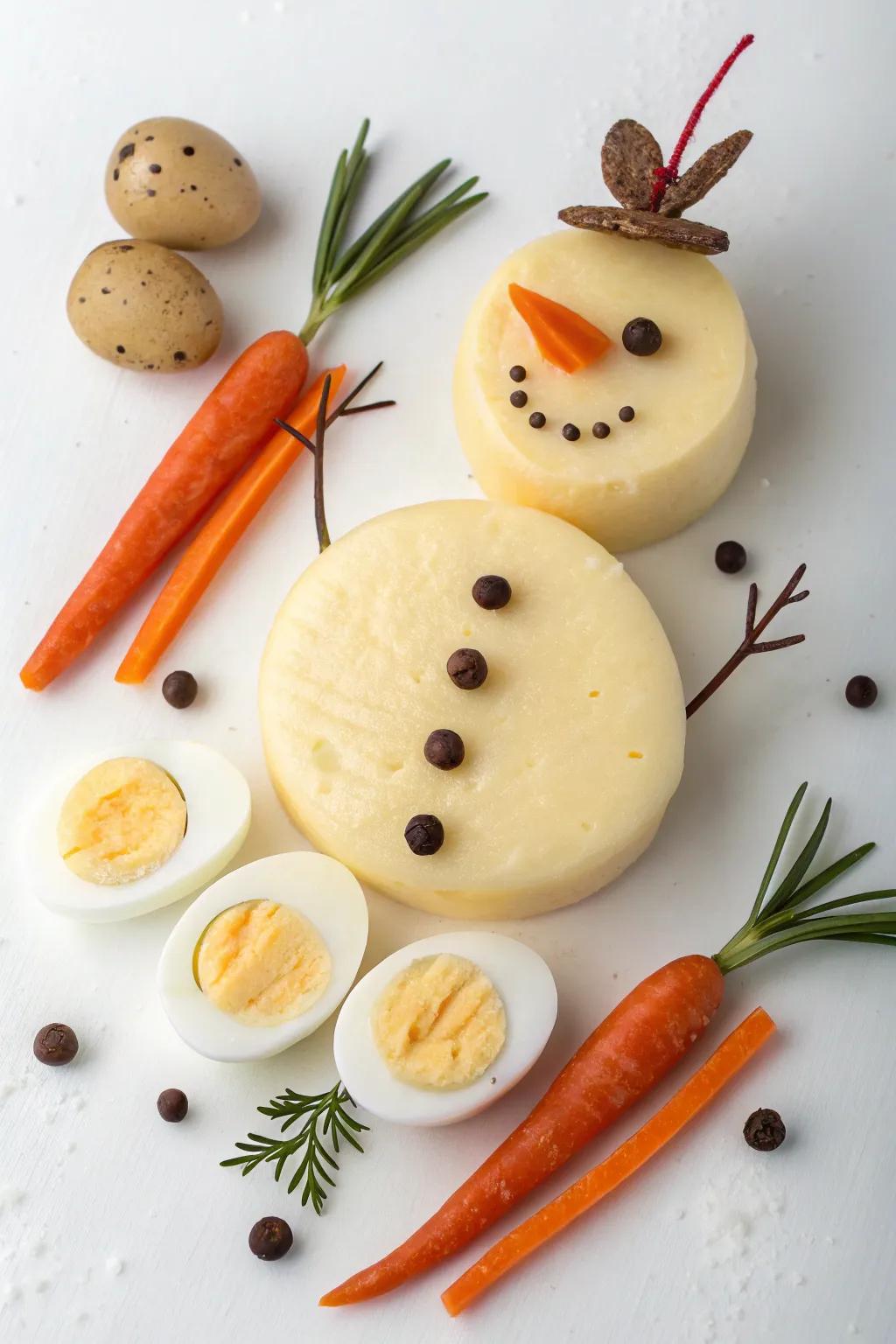 A snowman crafted from cheeses and eggs, adding a wintery charm.