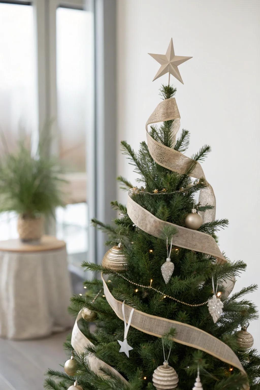 A Christmas tree with minimalist ribbons, highlighting the tree's natural elegance.