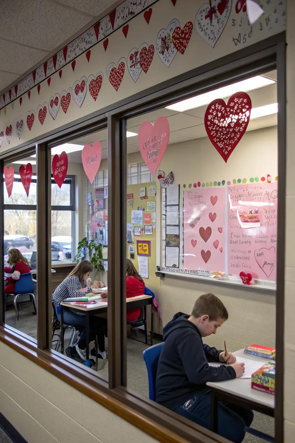 Sunlit window decorations introducing cheer.