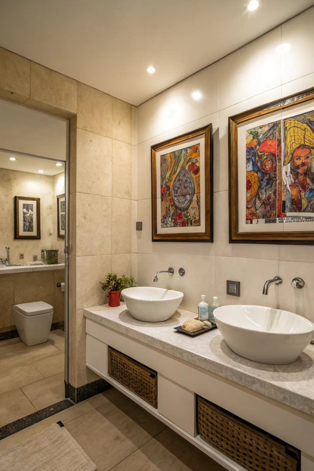 A bathroom where the wall art is a stunning point of interest, improving the room’s design.