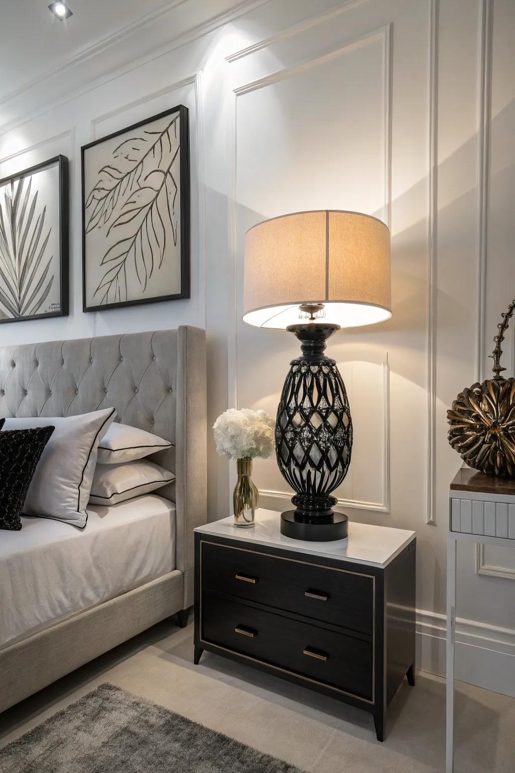 Sculptural decor introduces an artistic component to this stylish area.