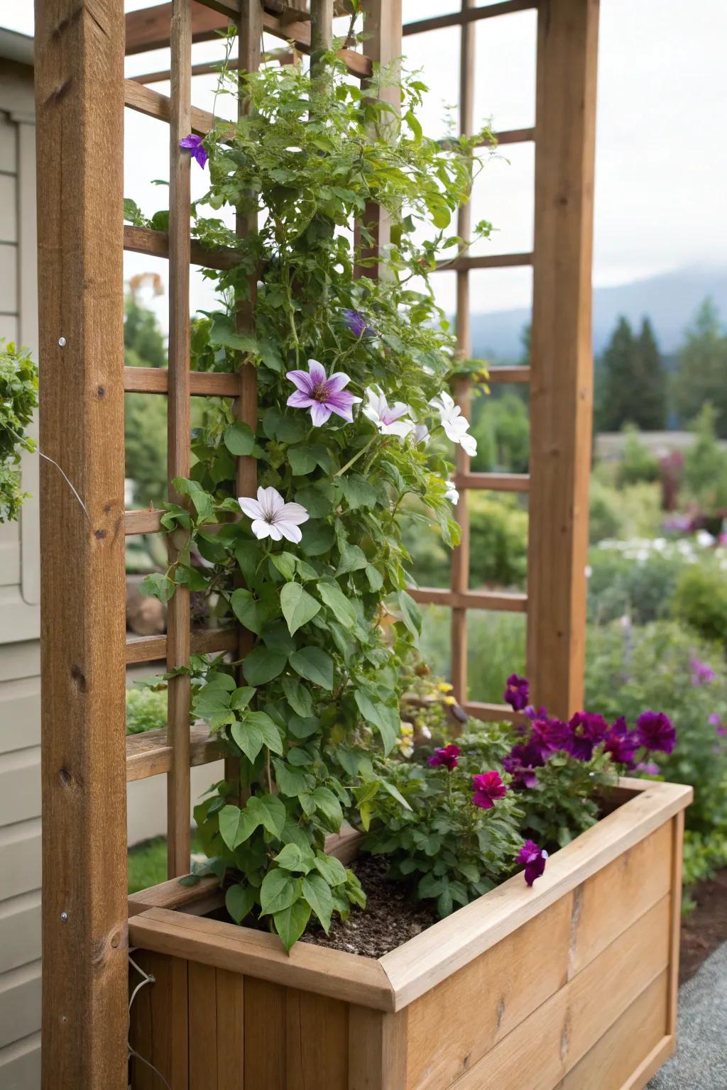 A trellis with an integrated planter maximizes area for clematis cultivation.