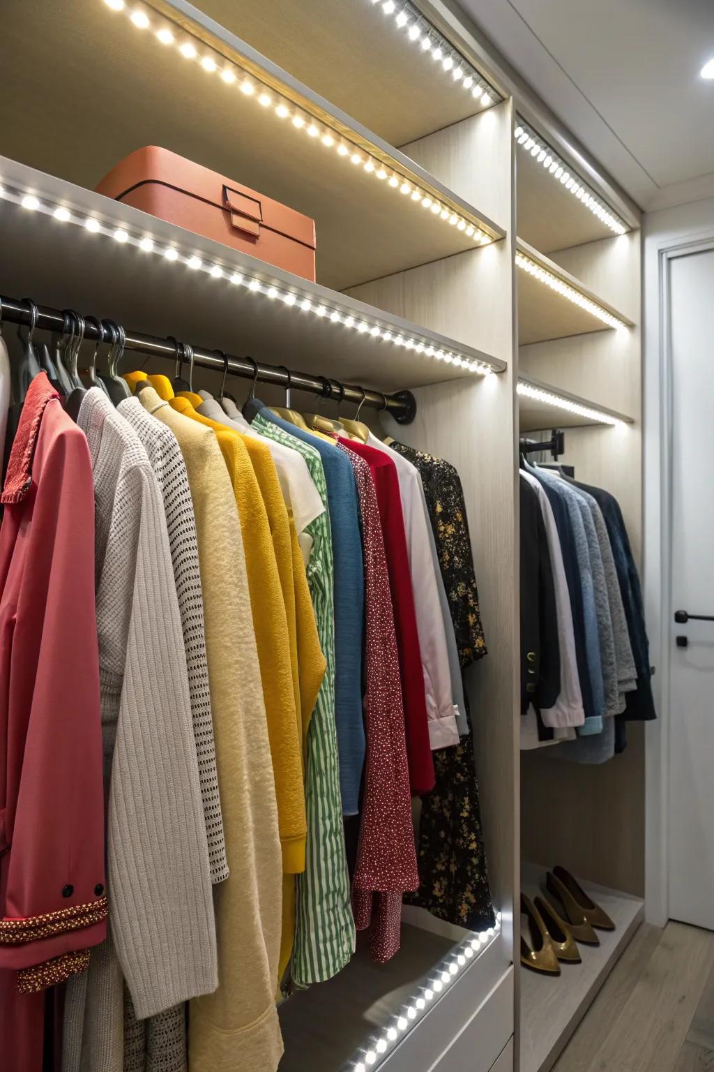 LED-integrated rods blend high style with ultimate functionality for a luxurious closet experience.