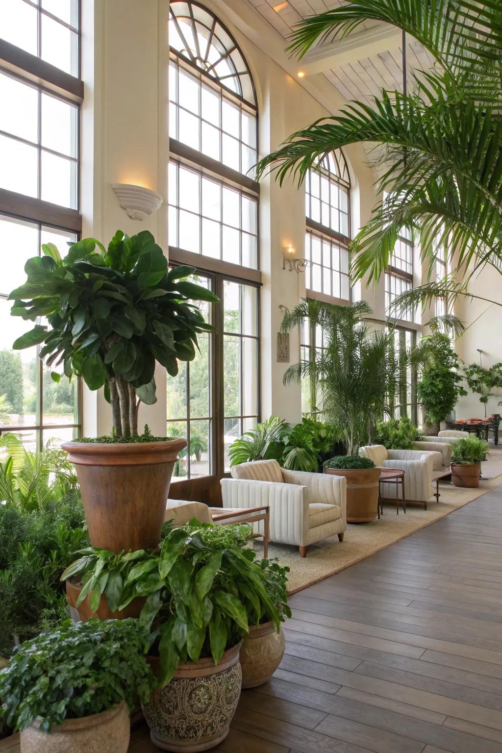 Verdant spaces displaying indoor flora enlivening a clubhouse.