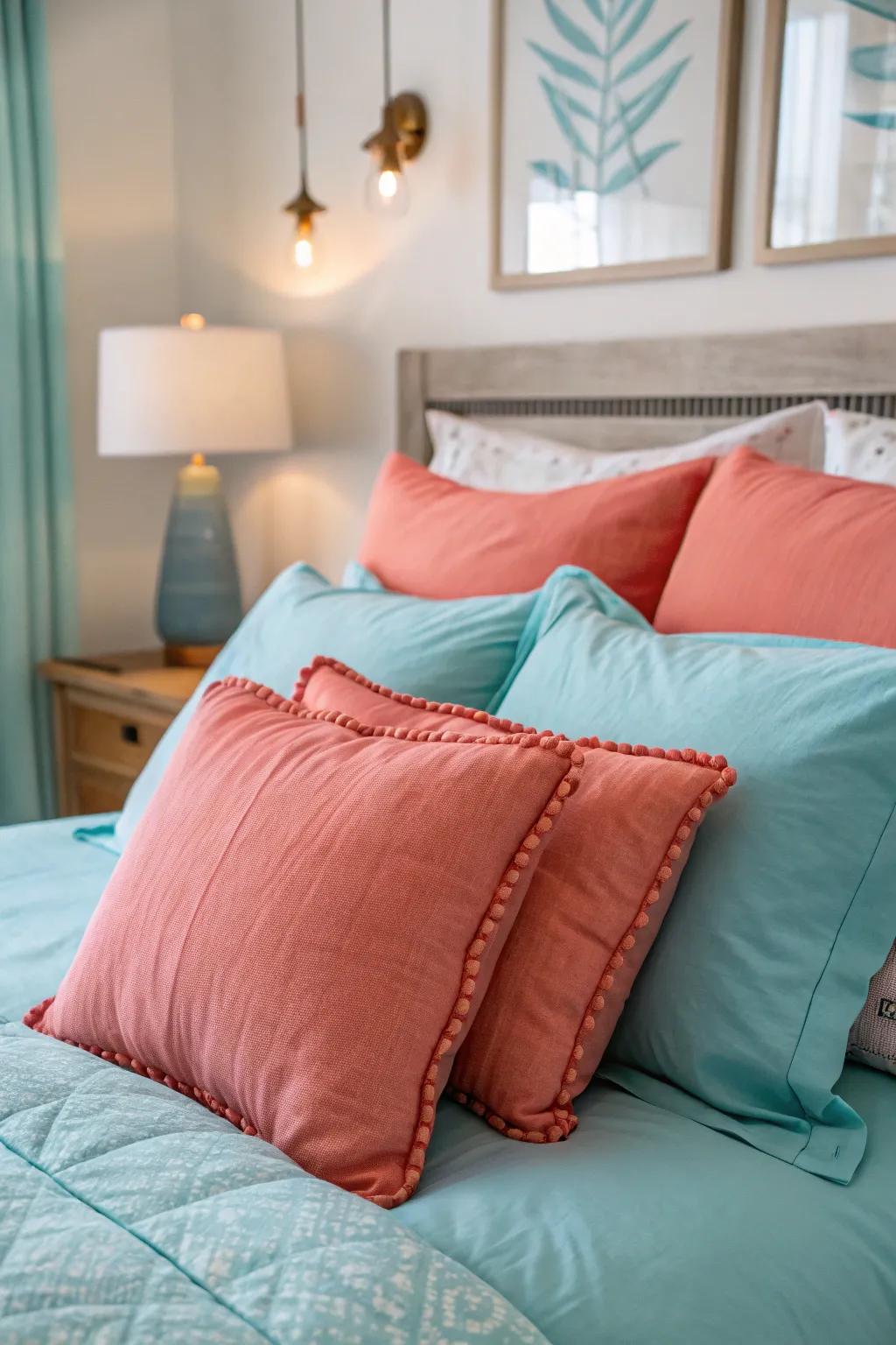 Coral accents bring a lively contrast to shoreline design.