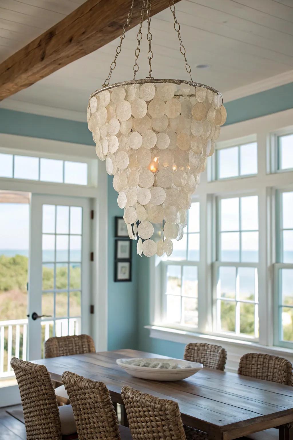 Mother-of-pearl chandeliers shimmer with oceanic elegance.