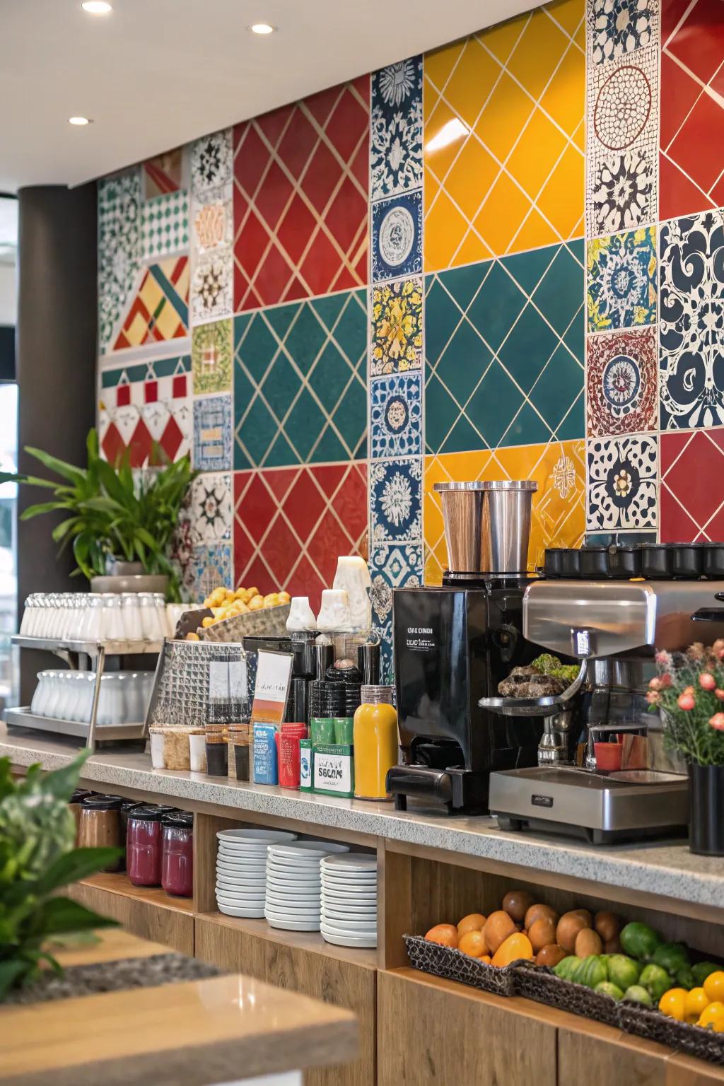 A bold backsplash incorporates a pop of color.
