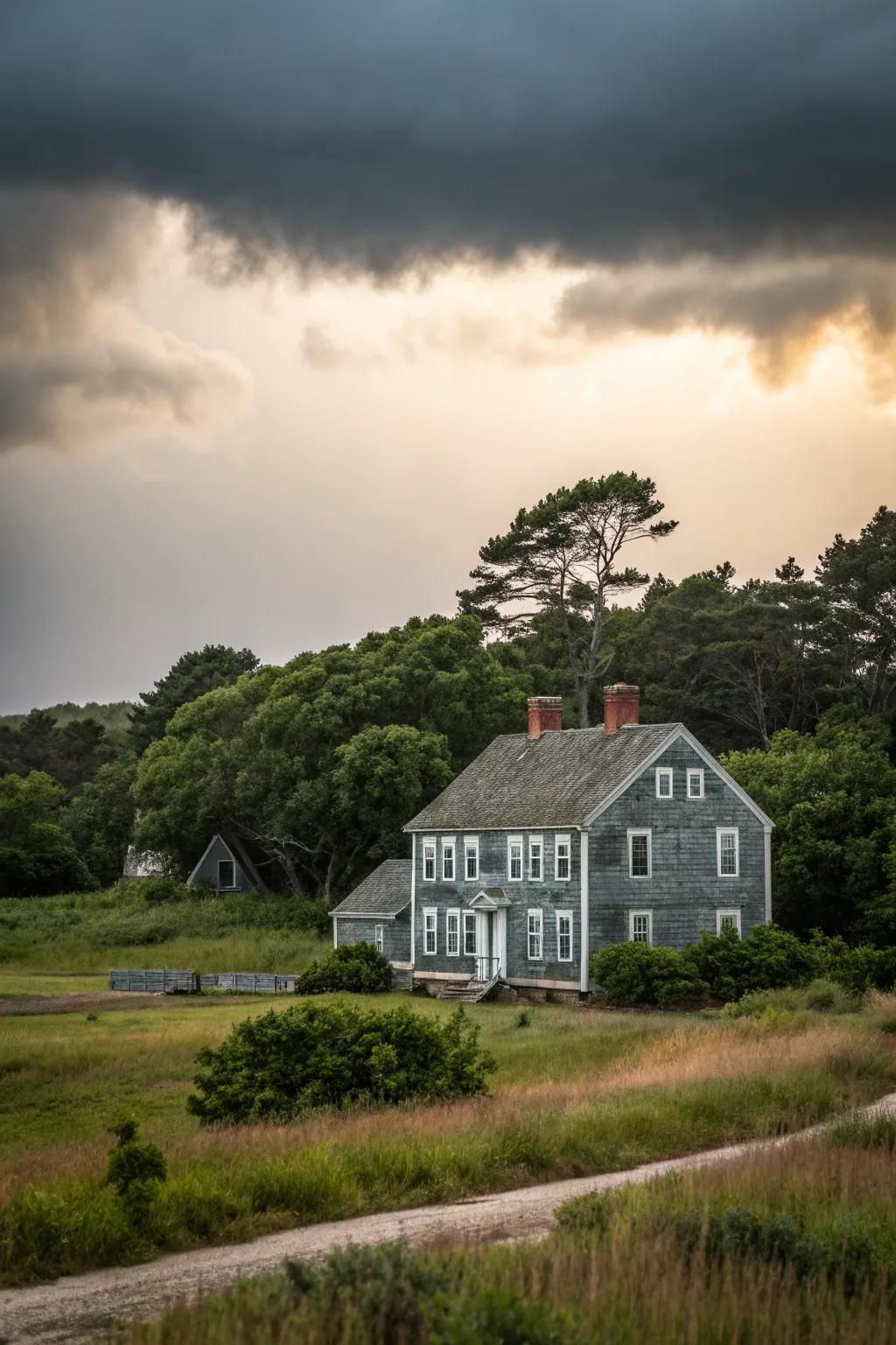 A colonial house with a tempestuous gray facade, blending seamlessly with its surroundings.