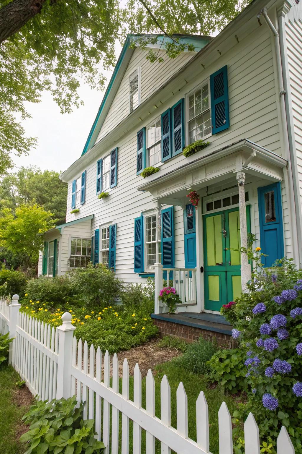 Colonial home featuring vivid and bold color highlights.