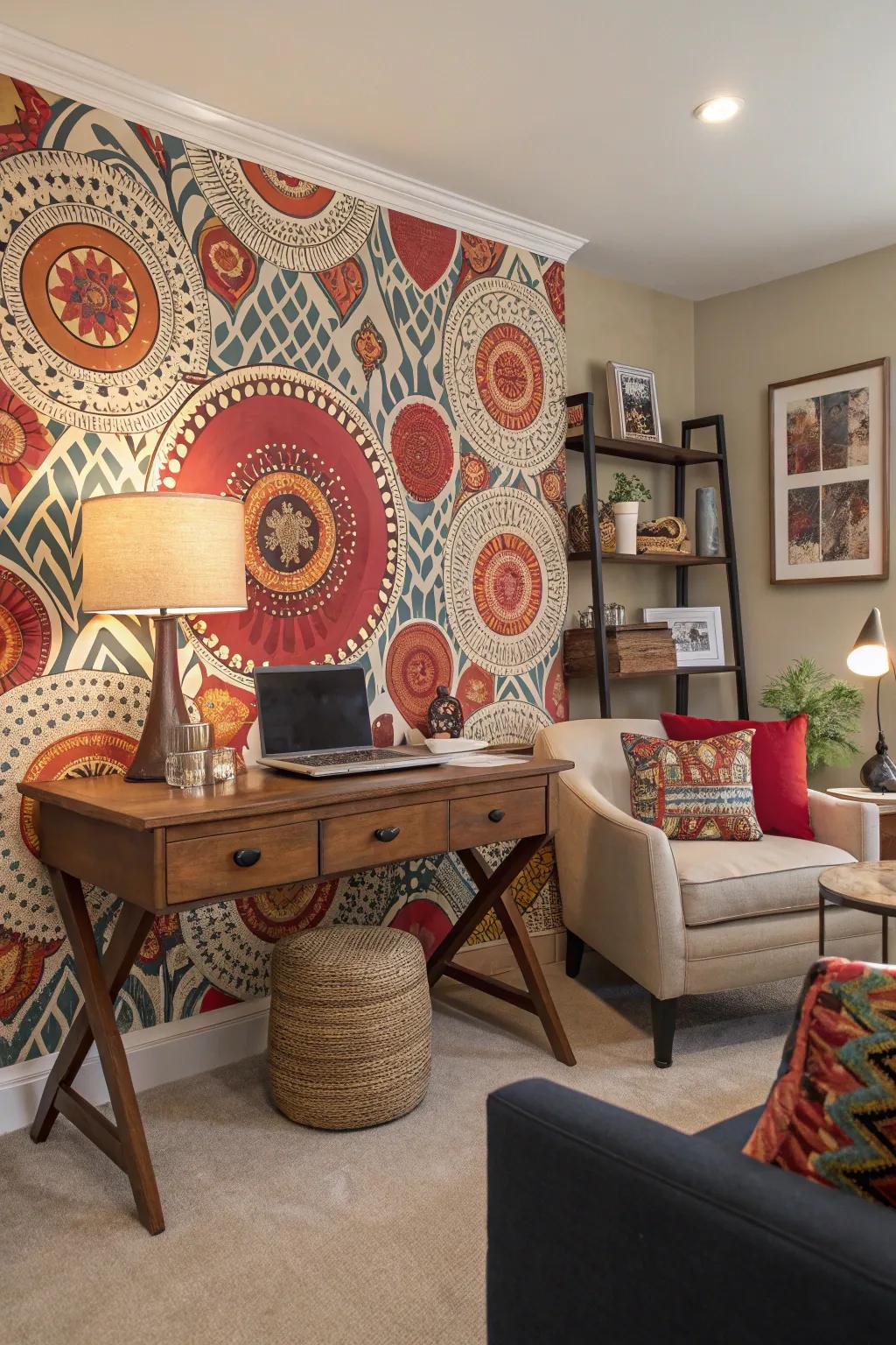 A statement wall infuses character into the workspace.