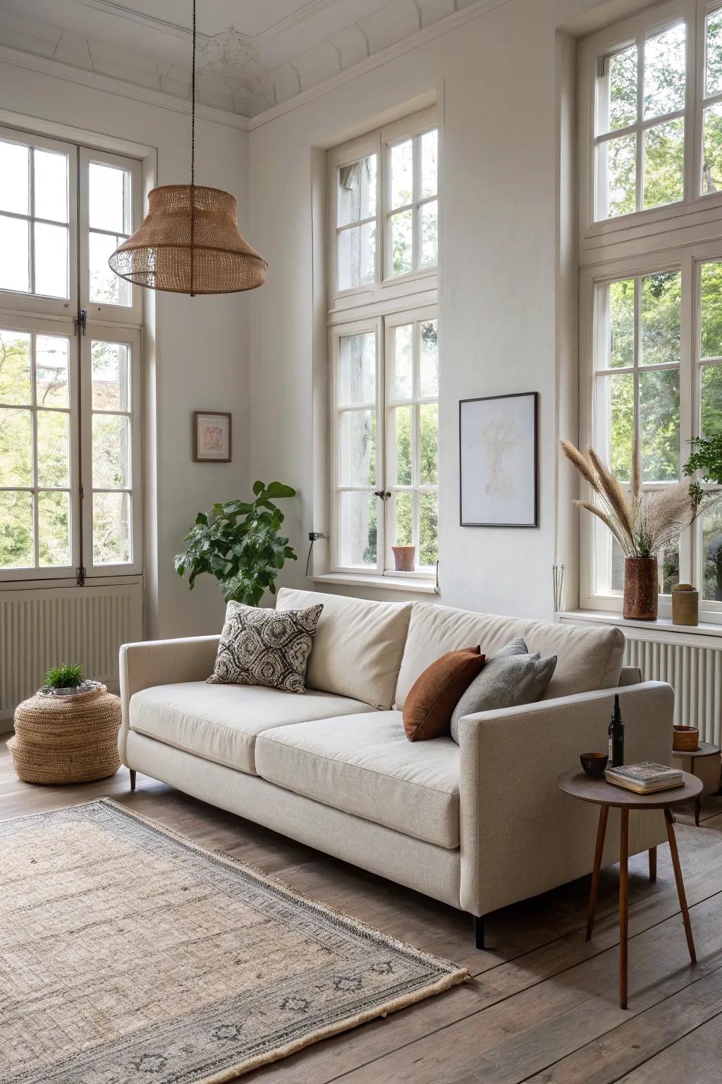 A positioning sofa arrangement that enhances spatial perception.