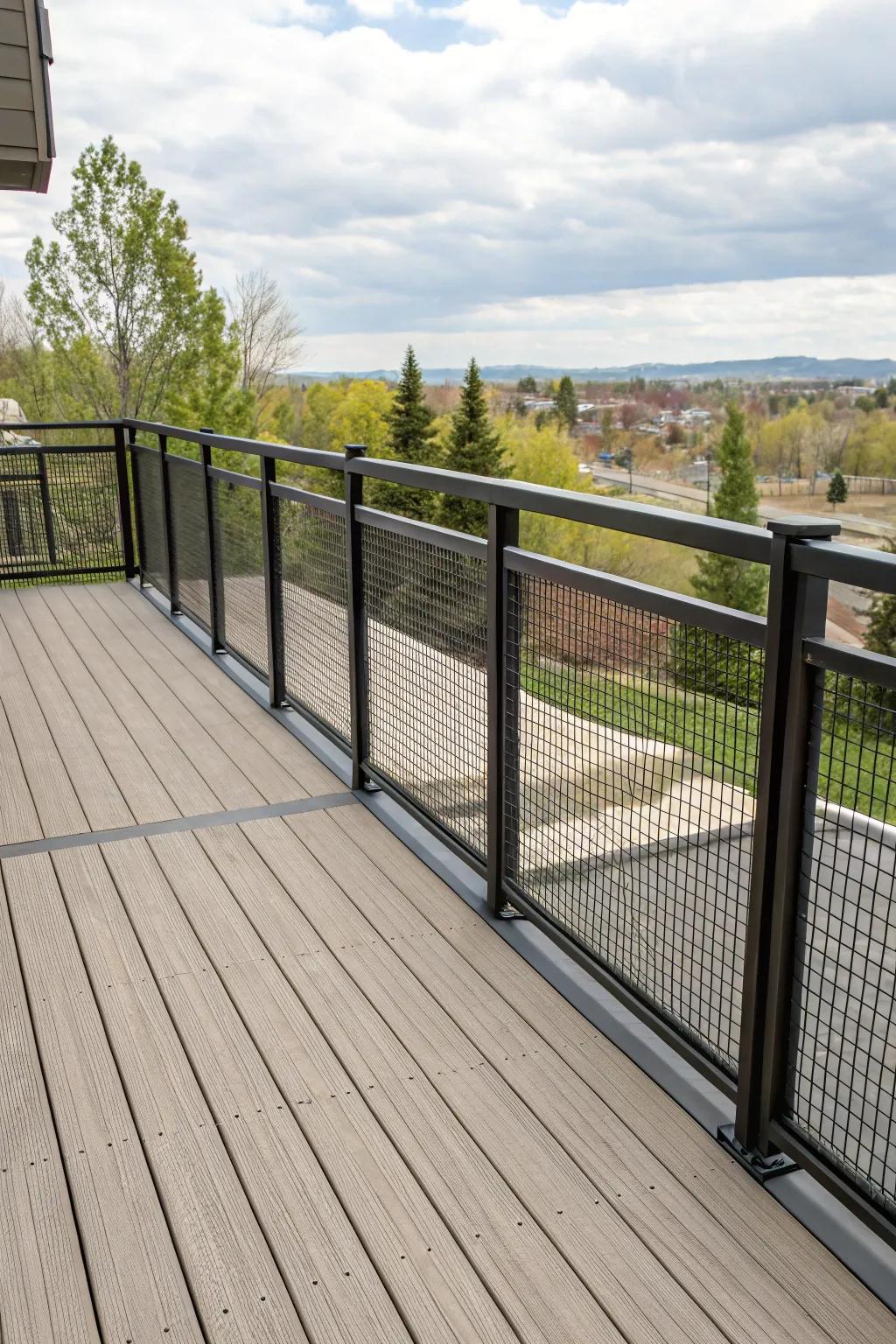Gridwork infills introduce an industrial chic feel to composite deck borders.