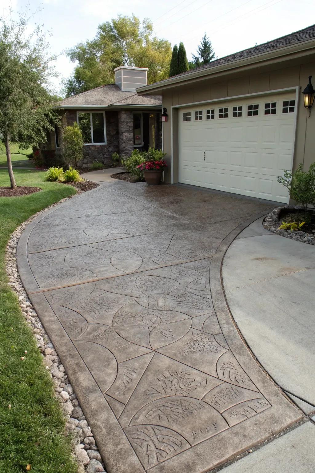 A durable and stylish stamped concrete apron enhances this driveway, creating a cohesive and visually appealing entrance.