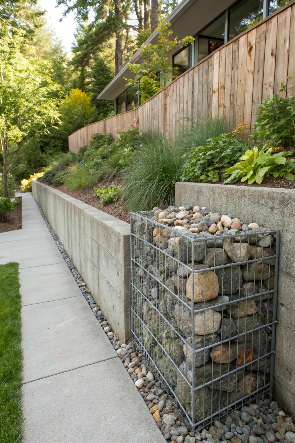 Gabion structures deliver a contemporary industrial element.