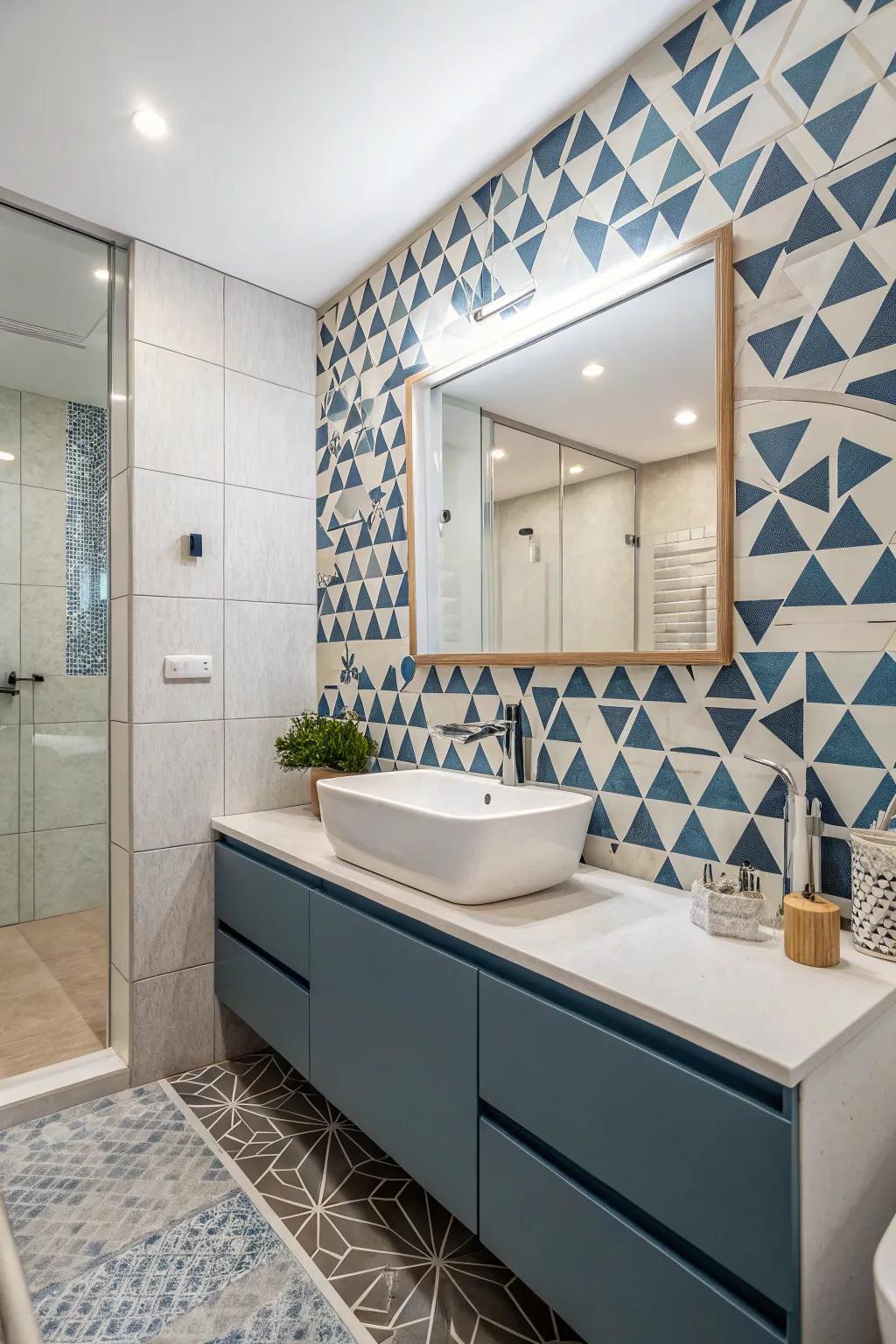 Bathroom showcasing striking angular patterns.