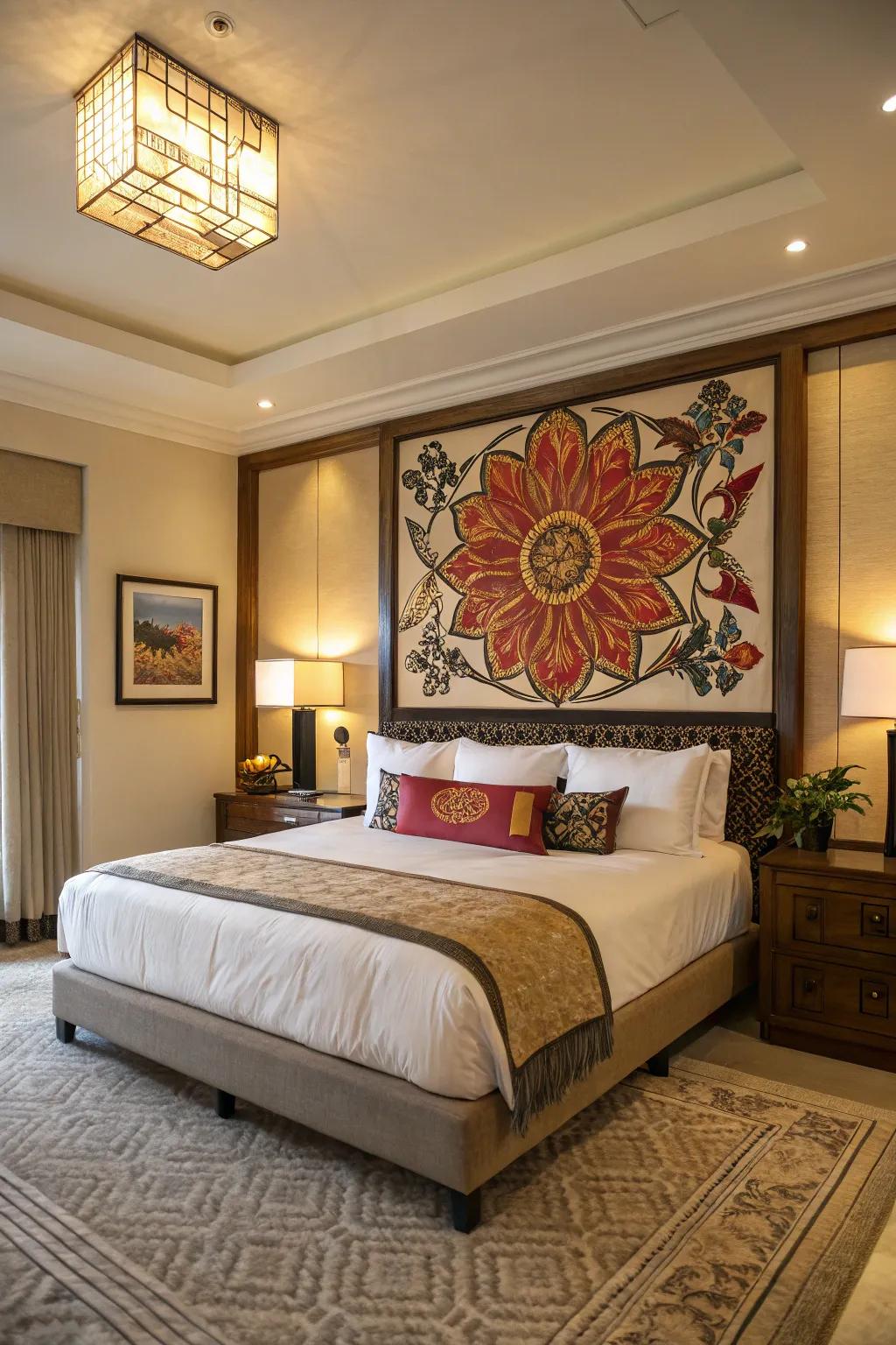 Artistic aspects add sophistication and visual interest to the bedroom.