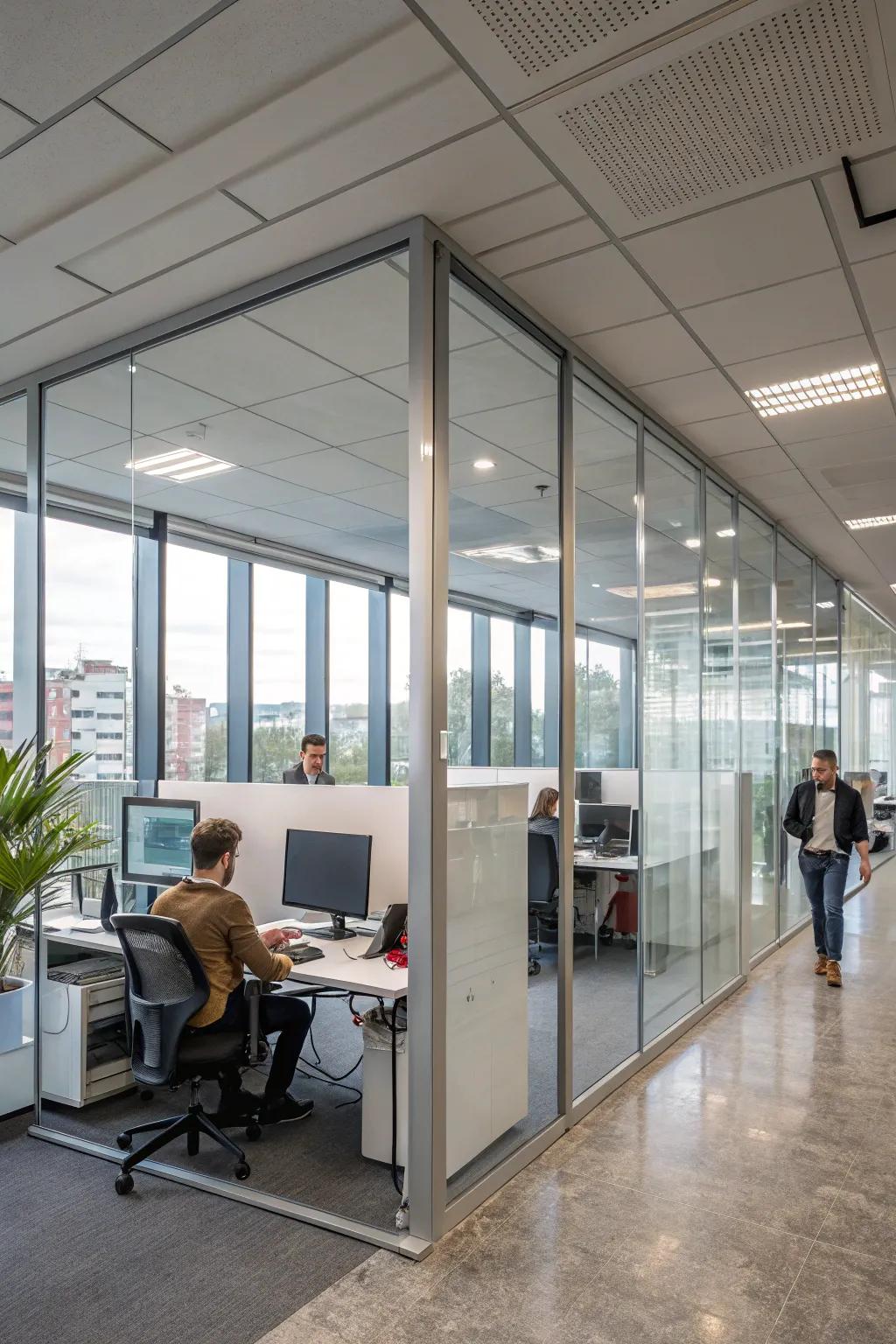 Office space with privacy solutions using glass partitions.