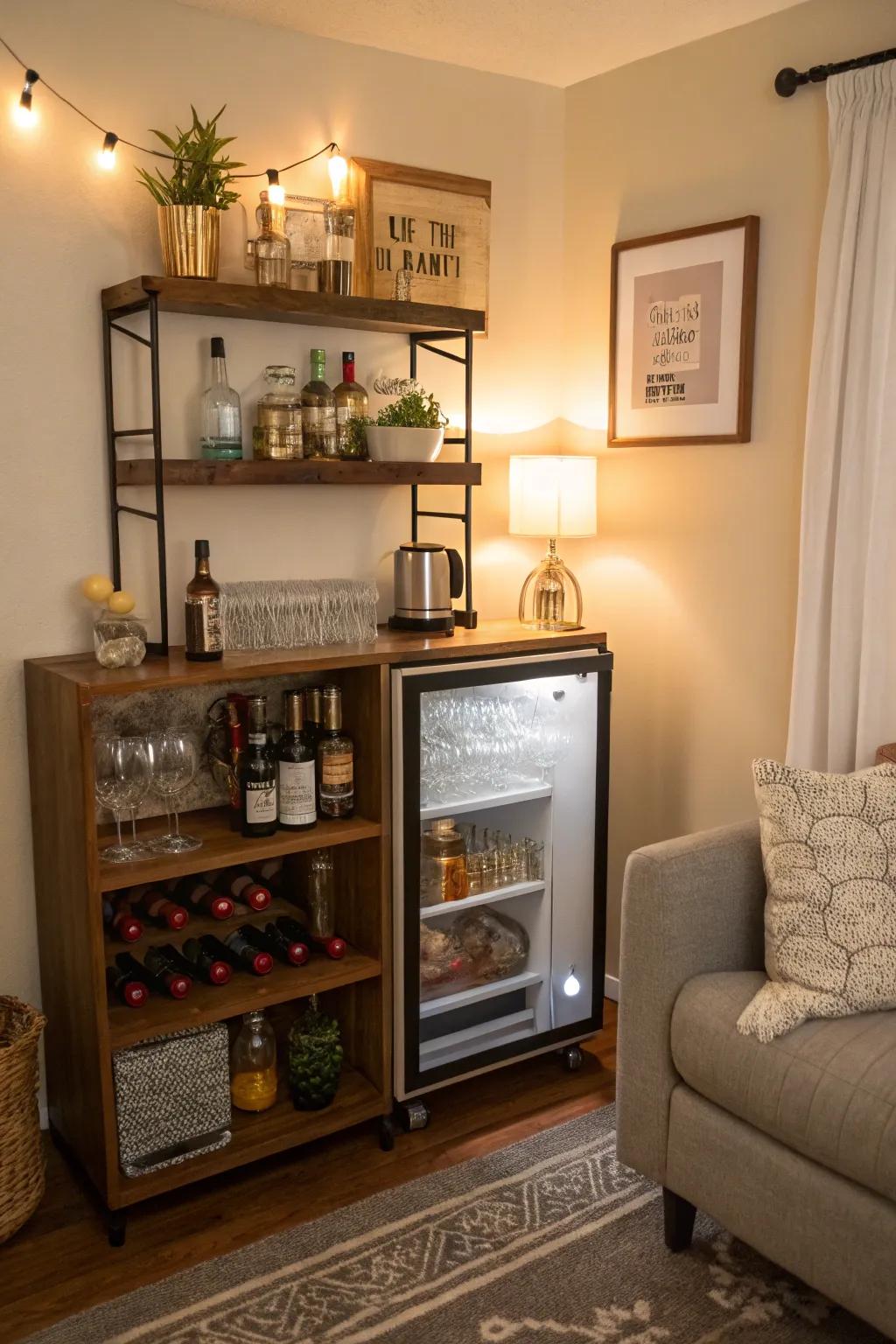 A corner bar adds elegance and functionality to the living room.