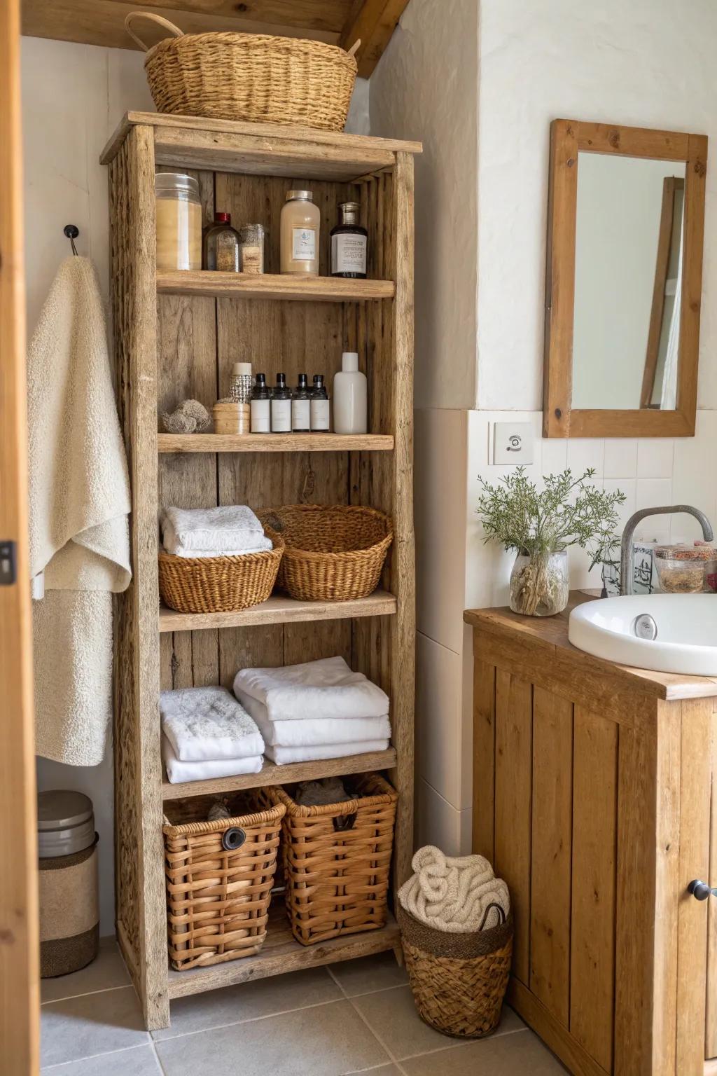 Open shelves and baskets provide practical and elegant storage.