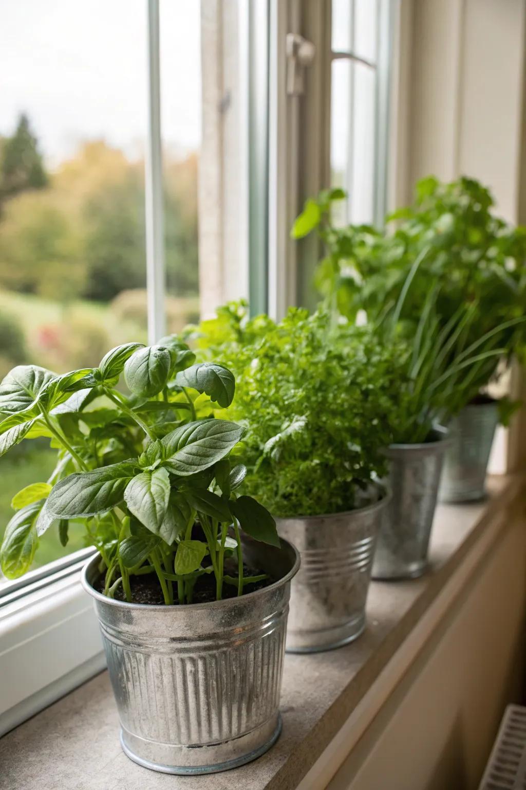 Tin containers repurposed as planters boost raw allure.