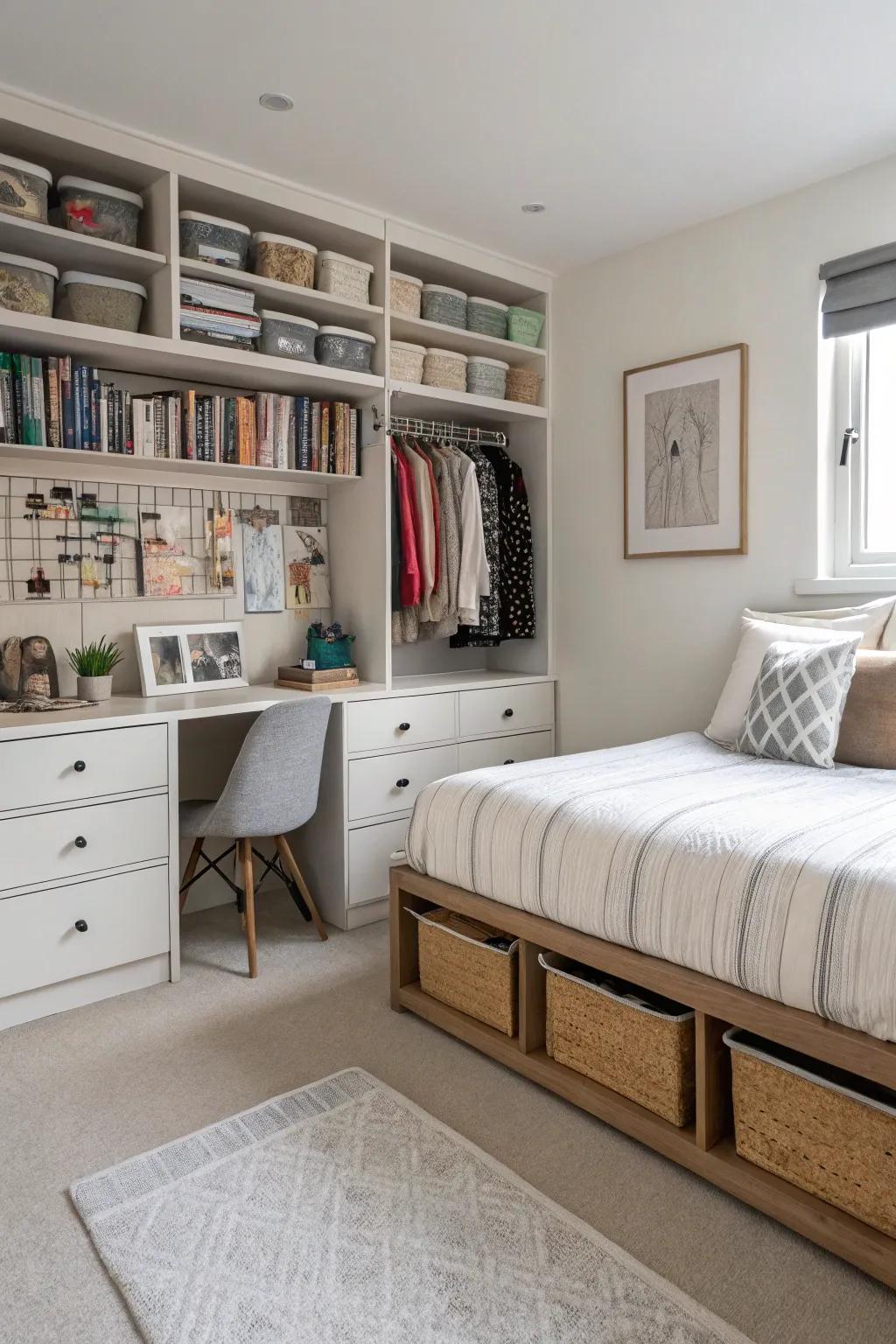 Smart storage solutions maintain an organized bedroom